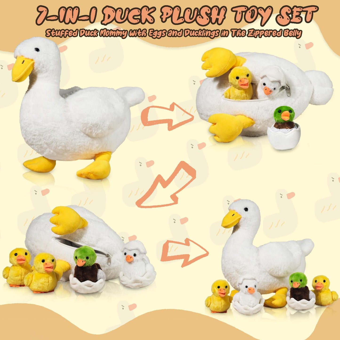 XYHQYB 7-in-1 Duck Family Plush: Mommy with 4 Babies & Eggs, 12-inch Soft White Duck Toy