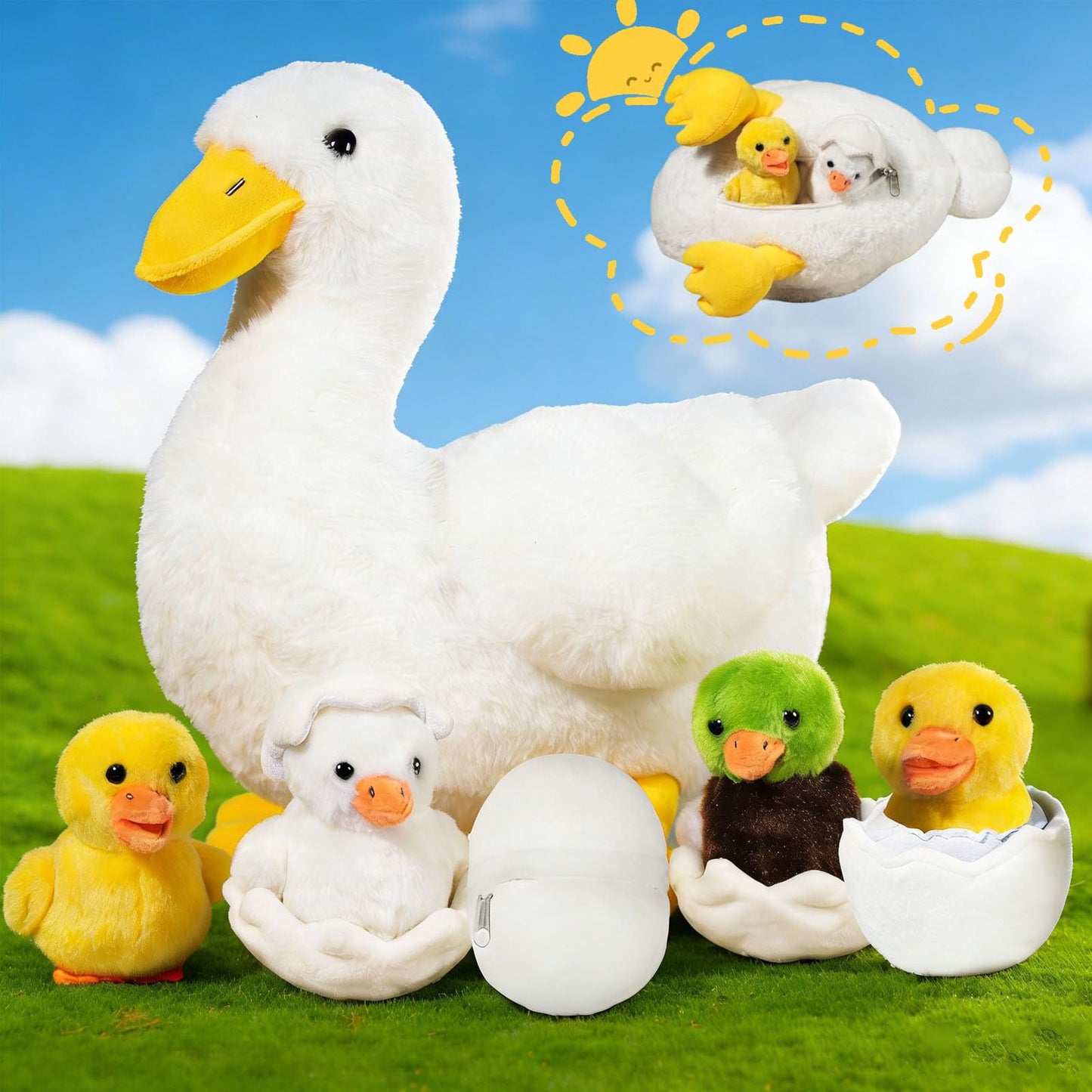 XYHQYB 7-in-1 Duck Family Plush: Mommy with 4 Babies & Eggs, 12-inch Soft White Duck Toy