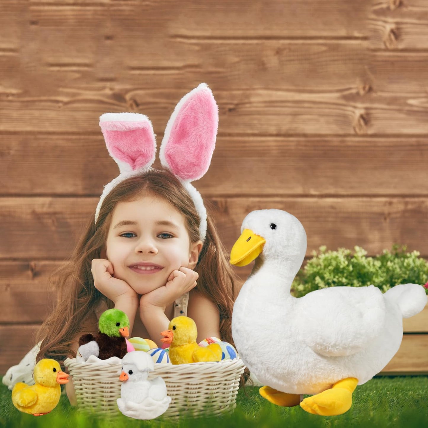 XYHQYB 7-in-1 Duck Family Plush: Mommy with 4 Babies & Eggs, 12-inch Soft White Duck Toy