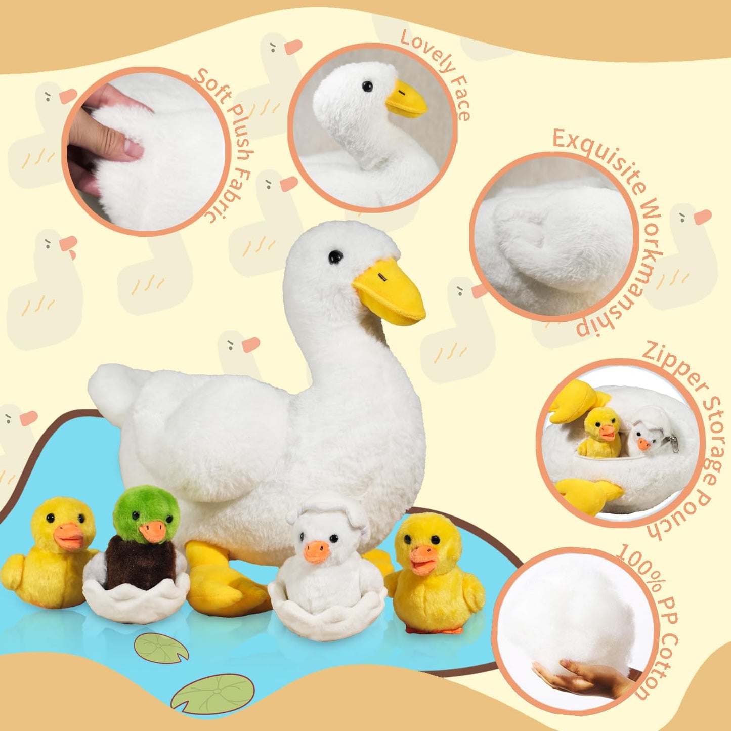XYHQYB 7-in-1 Duck Family Plush: Mommy with 4 Babies & Eggs, 12-inch Soft White Duck Toy
