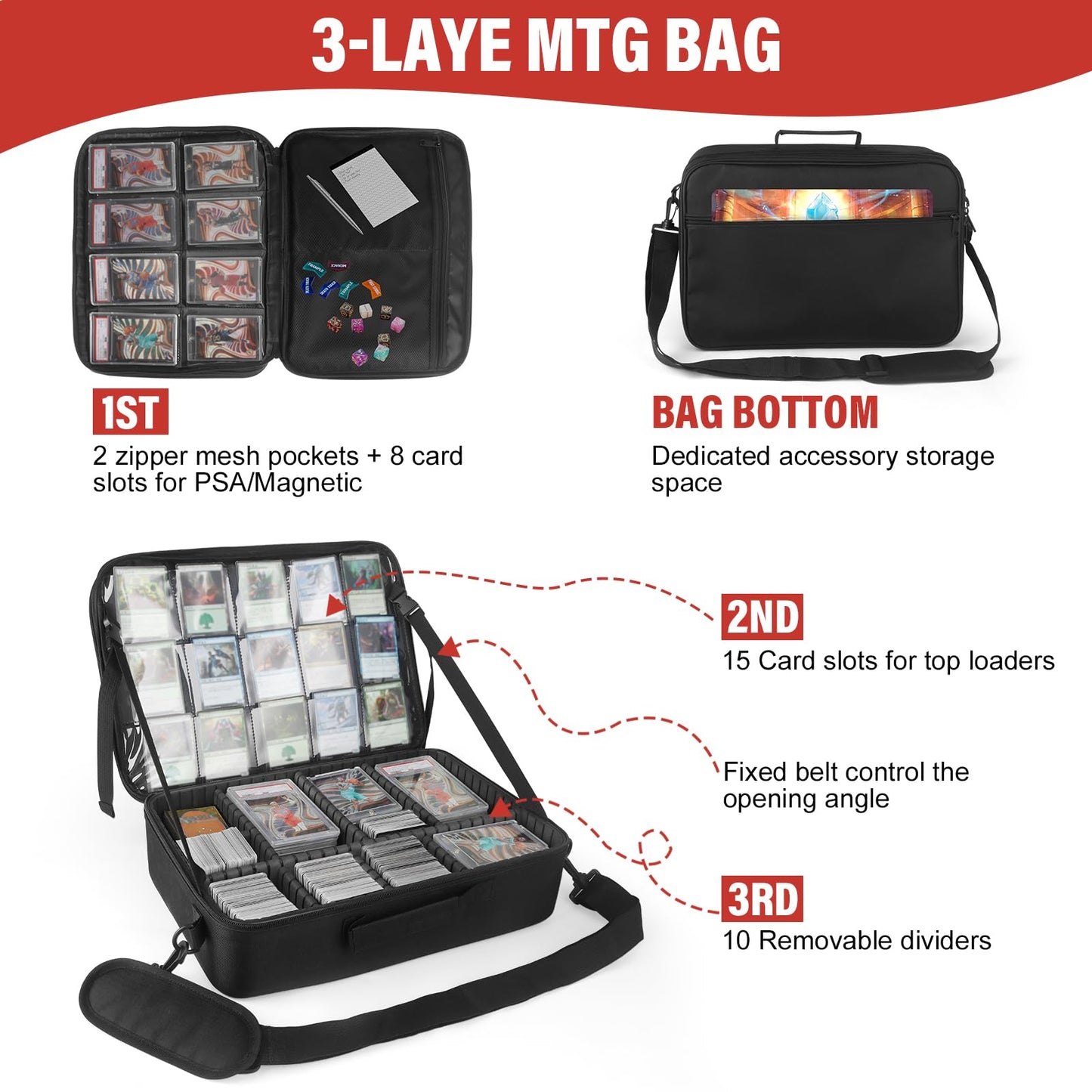 Xykzra Card Deck Storage Bag for 2000+ Cards — 3-Layer MTG Case with 10 Partitions & Adjustable Strap