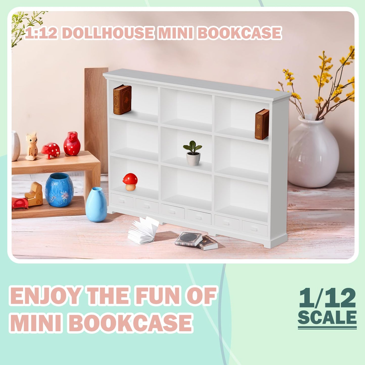 XYMTOY 1:12 Scale Dollhouse Bookshelf – Multi-Functional Mini Bookcase for Displays
