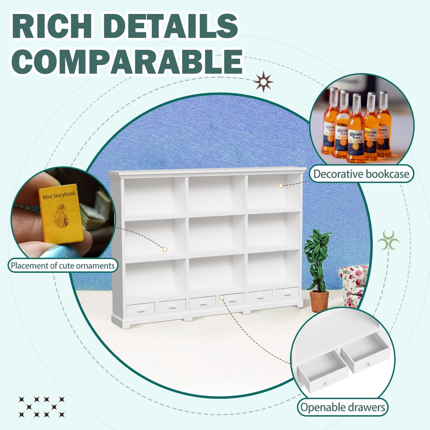 XYMTOY 1:12 Scale Dollhouse Bookshelf – Multi-Functional Mini Bookcase for Displays
