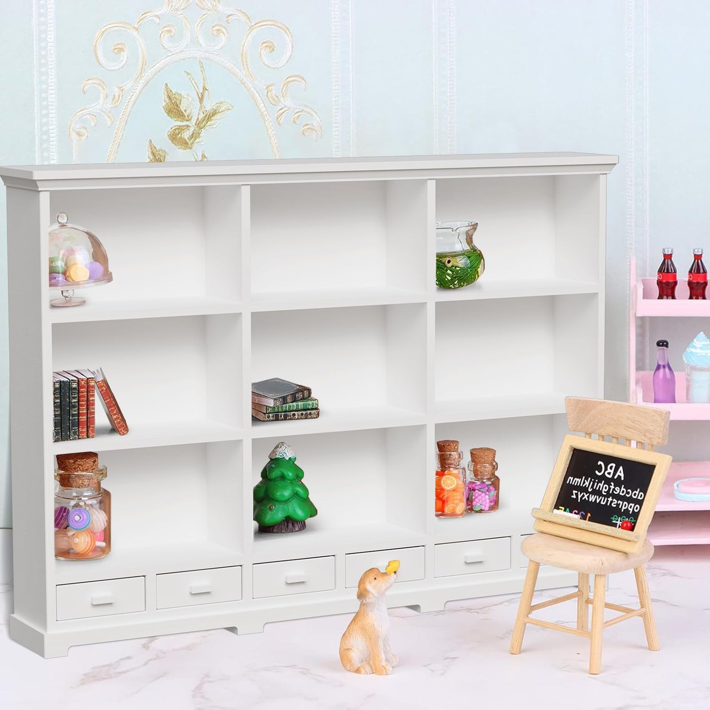 XYMTOY 1:12 Scale Dollhouse Bookshelf – Multi-Functional Mini Bookcase for Displays