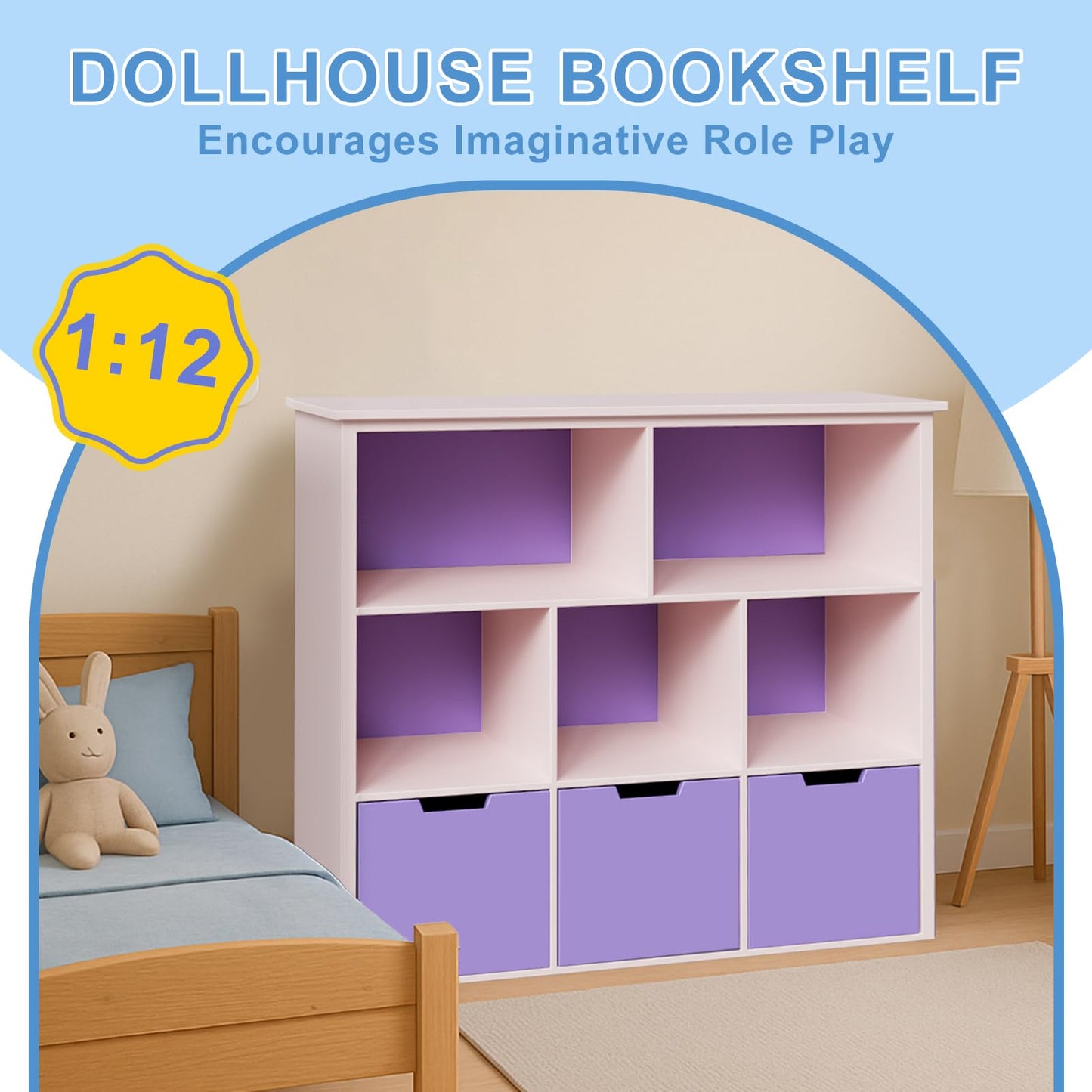 XYMTOY 1:12 Scale Dollhouse Bookshelf with Open Doors – Elegant Mini Storage & Display