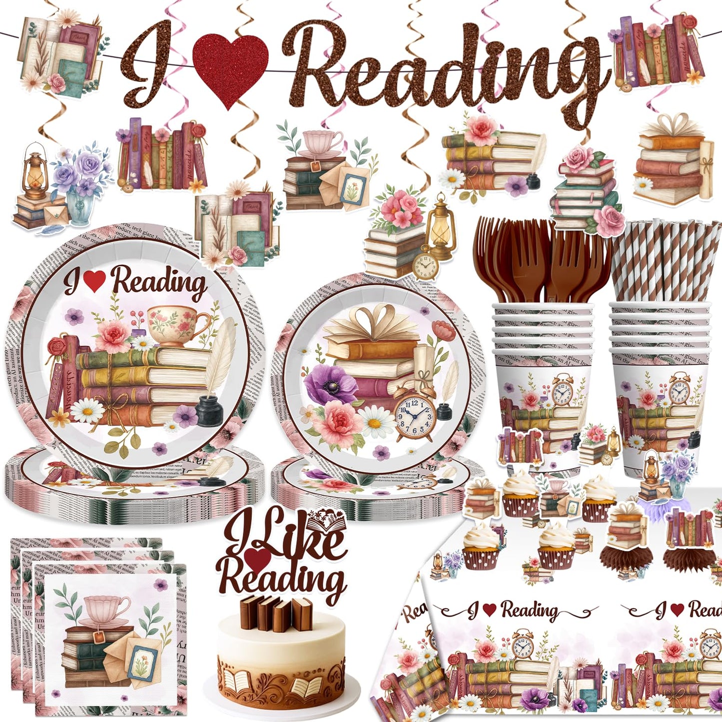 Xynic 177pc Book Themed Party Set – Tableware & Decor for 25 Guests (I Like Reading)