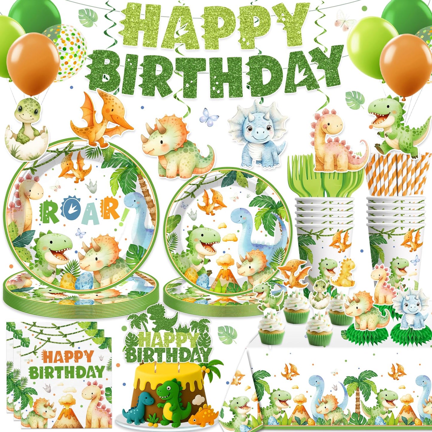 Xynic 201Pcs Dinosaur Birthday Decorations Set – Tableware for 25 Guests