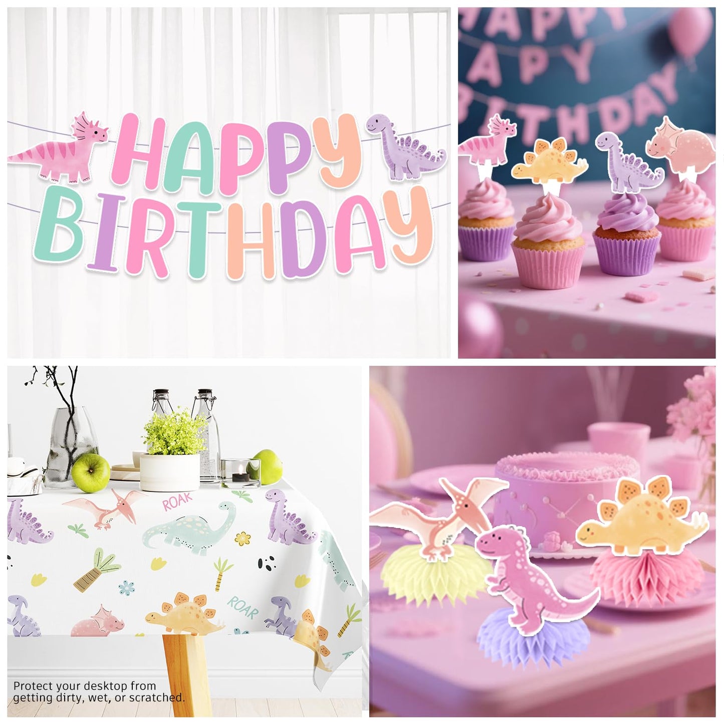 Xynic Pastel Dinosaur Birthday Party Supplies — 201 Pcs Pink Watercolor Girl Dino Theme