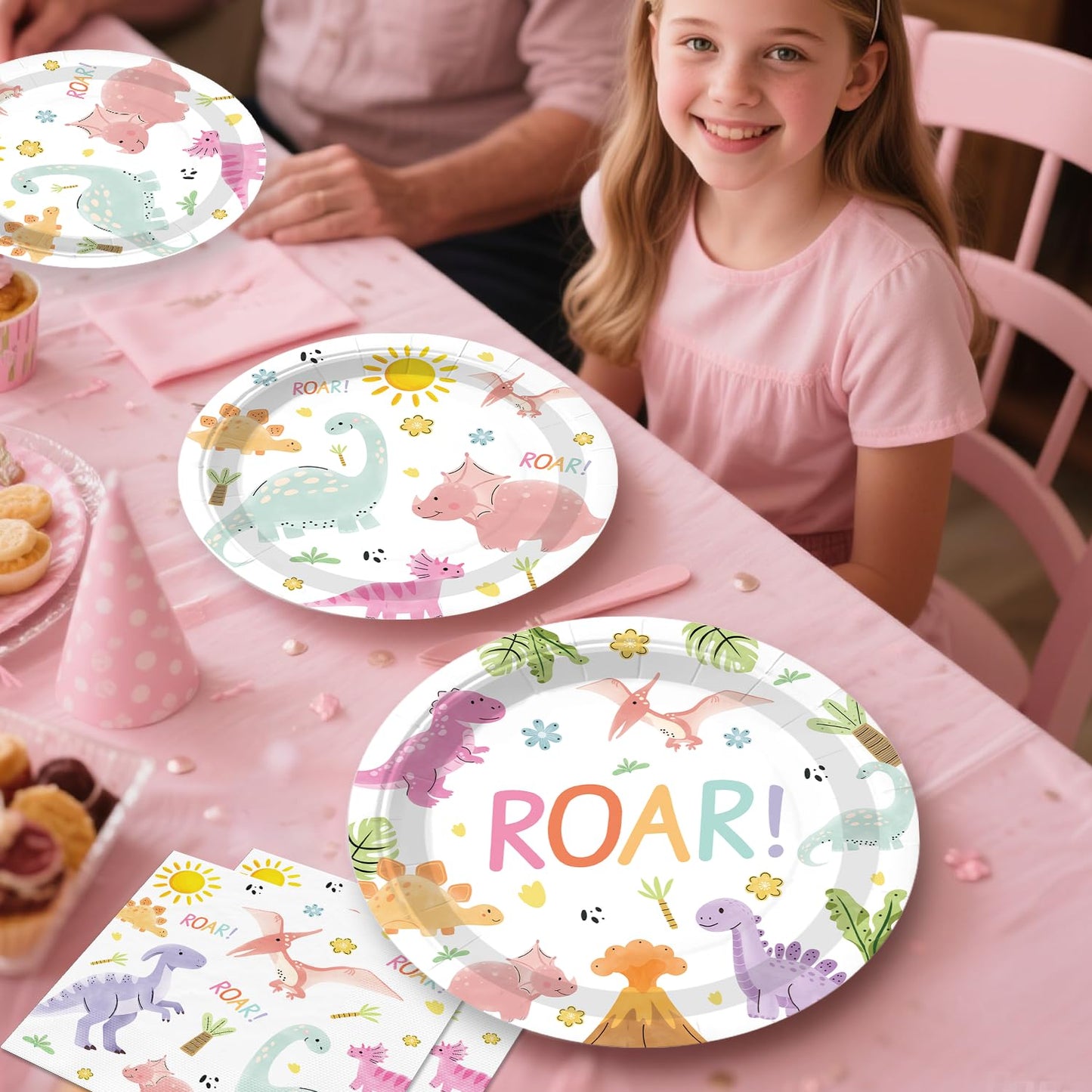Xynic Pastel Dinosaur Birthday Party Supplies — 201 Pcs Pink Watercolor Girl Dino Theme
