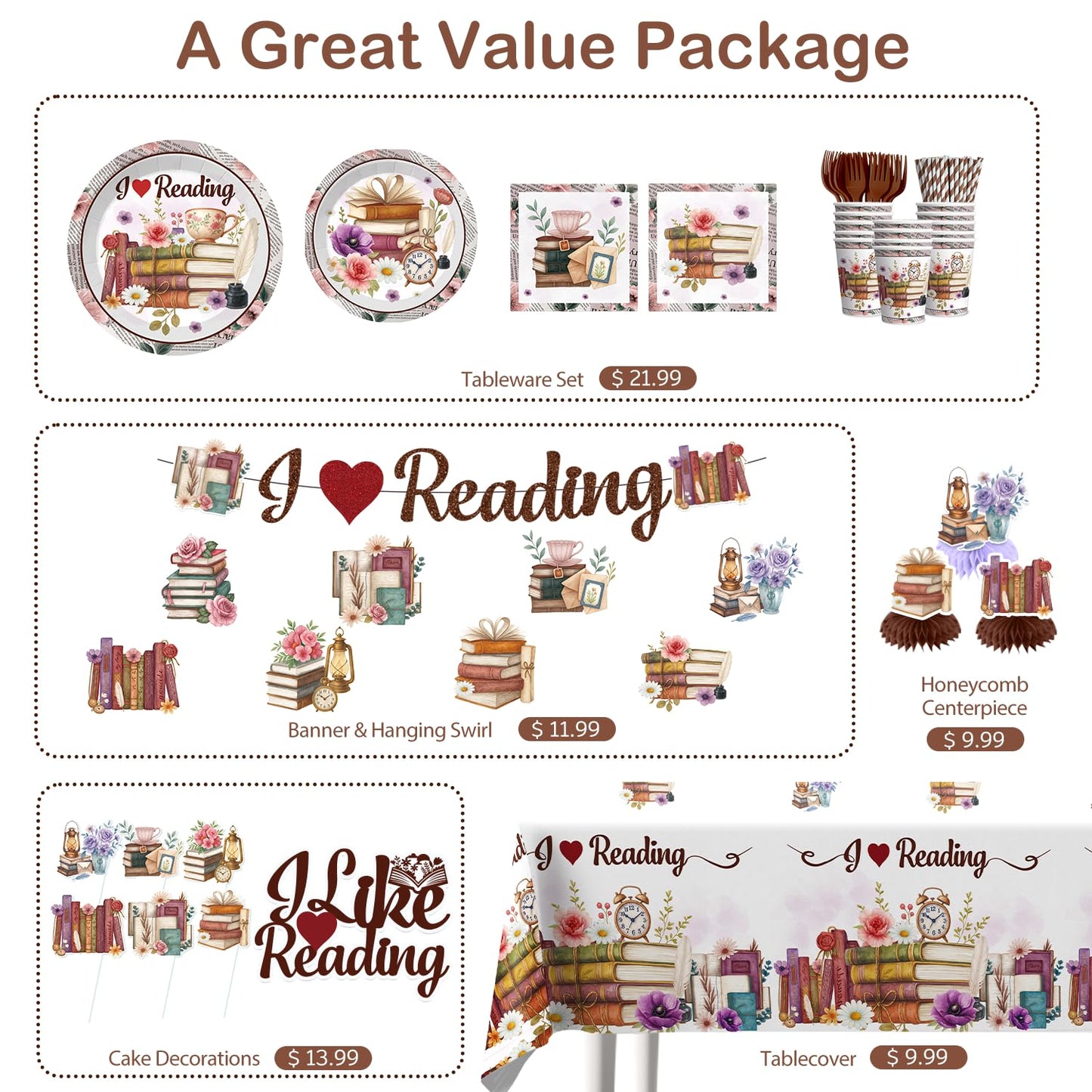 Xynic 177pc Book Themed Party Set – Tableware & Decor for 25 Guests (I Like Reading)