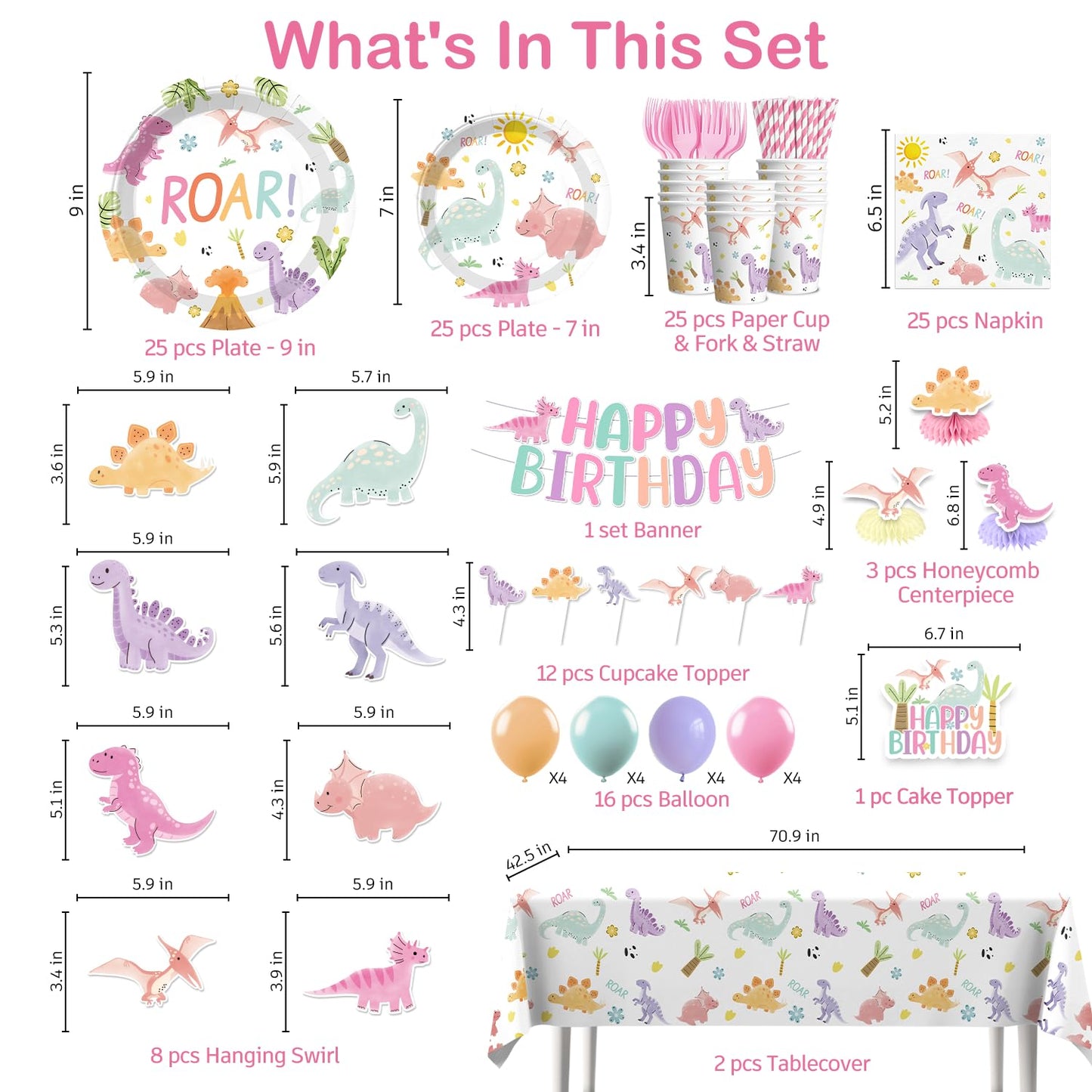 Xynic Pastel Dinosaur Birthday Party Supplies — 201 Pcs Pink Watercolor Girl Dino Theme