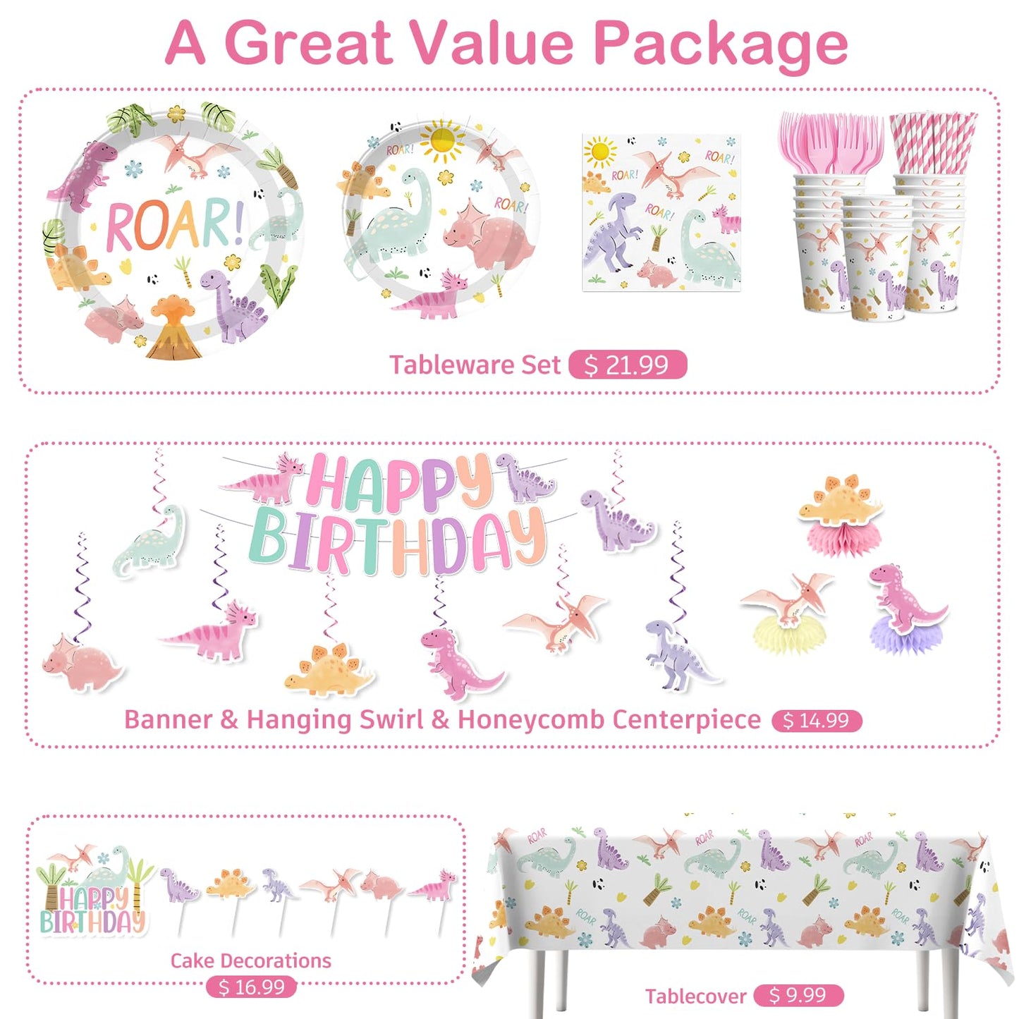 Xynic Pastel Dinosaur Birthday Party Supplies — 201 Pcs Pink Watercolor Girl Dino Theme