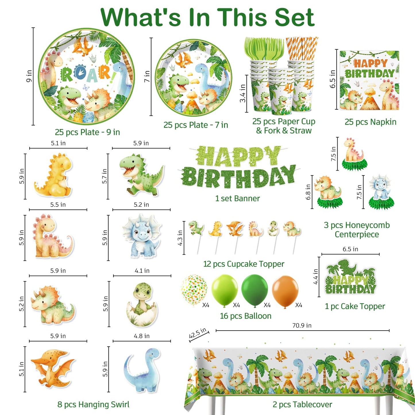 Xynic 201Pcs Dinosaur Birthday Decorations Set – Tableware for 25 Guests