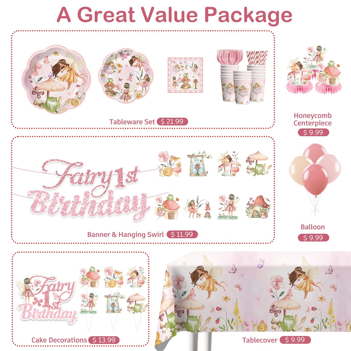 Xynic 213-Piece Fairy First Birthday Decorations Set | Plates, Napkins, Banner & Balloons