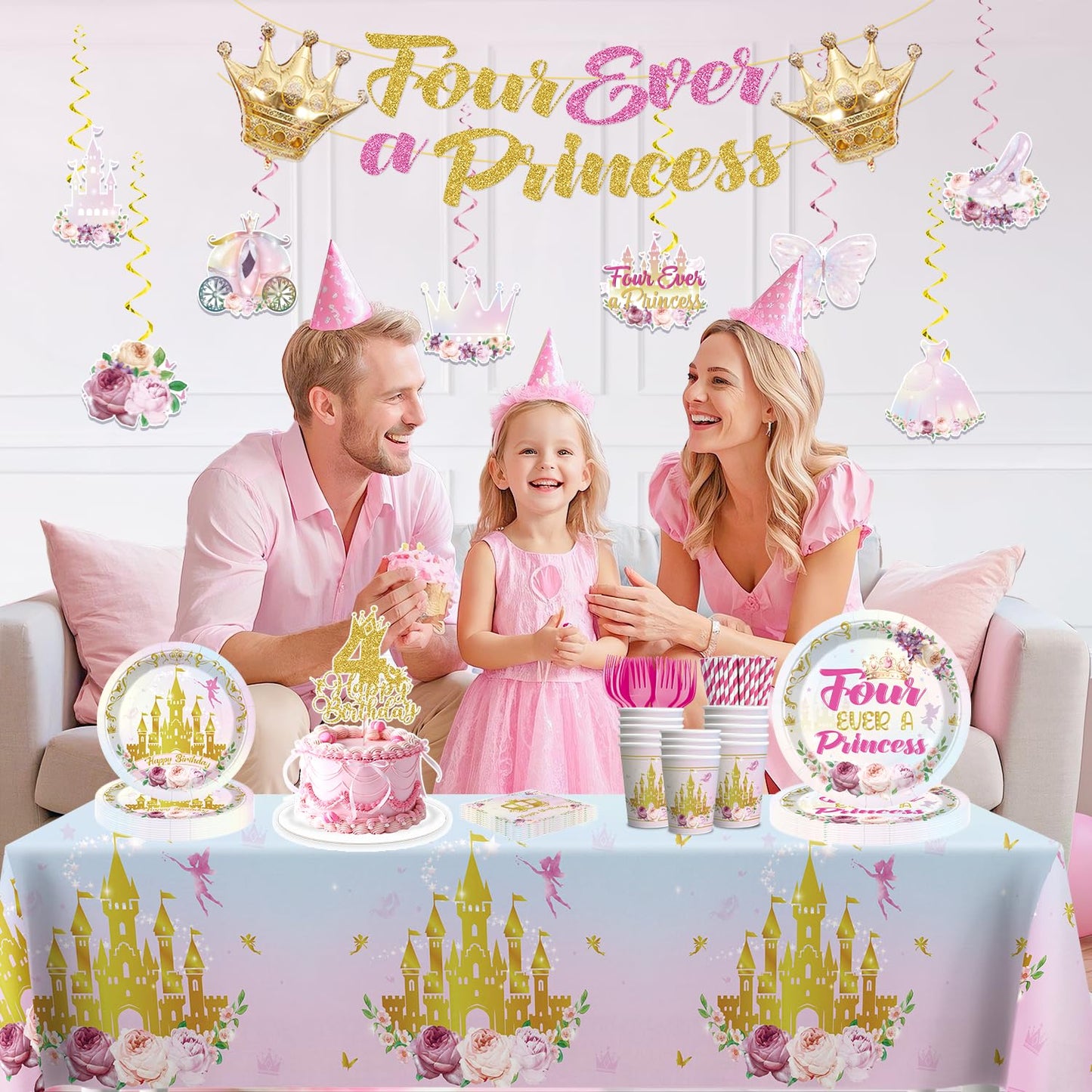 Xynic Four Ever Princess 201Pcs Birthday Tableware Set — Serves 25 for 4th Birthday