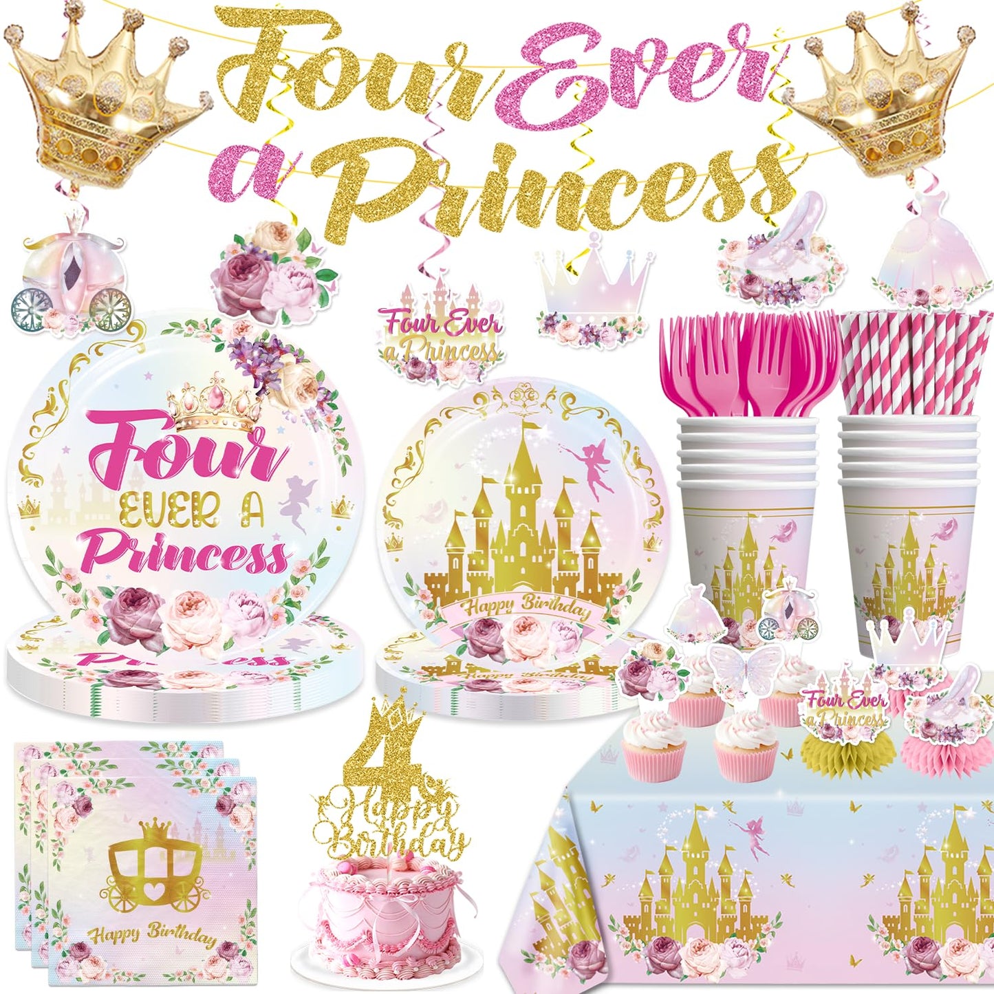 Xynic Four Ever Princess 201Pcs Birthday Tableware Set — Serves 25 for 4th Birthday