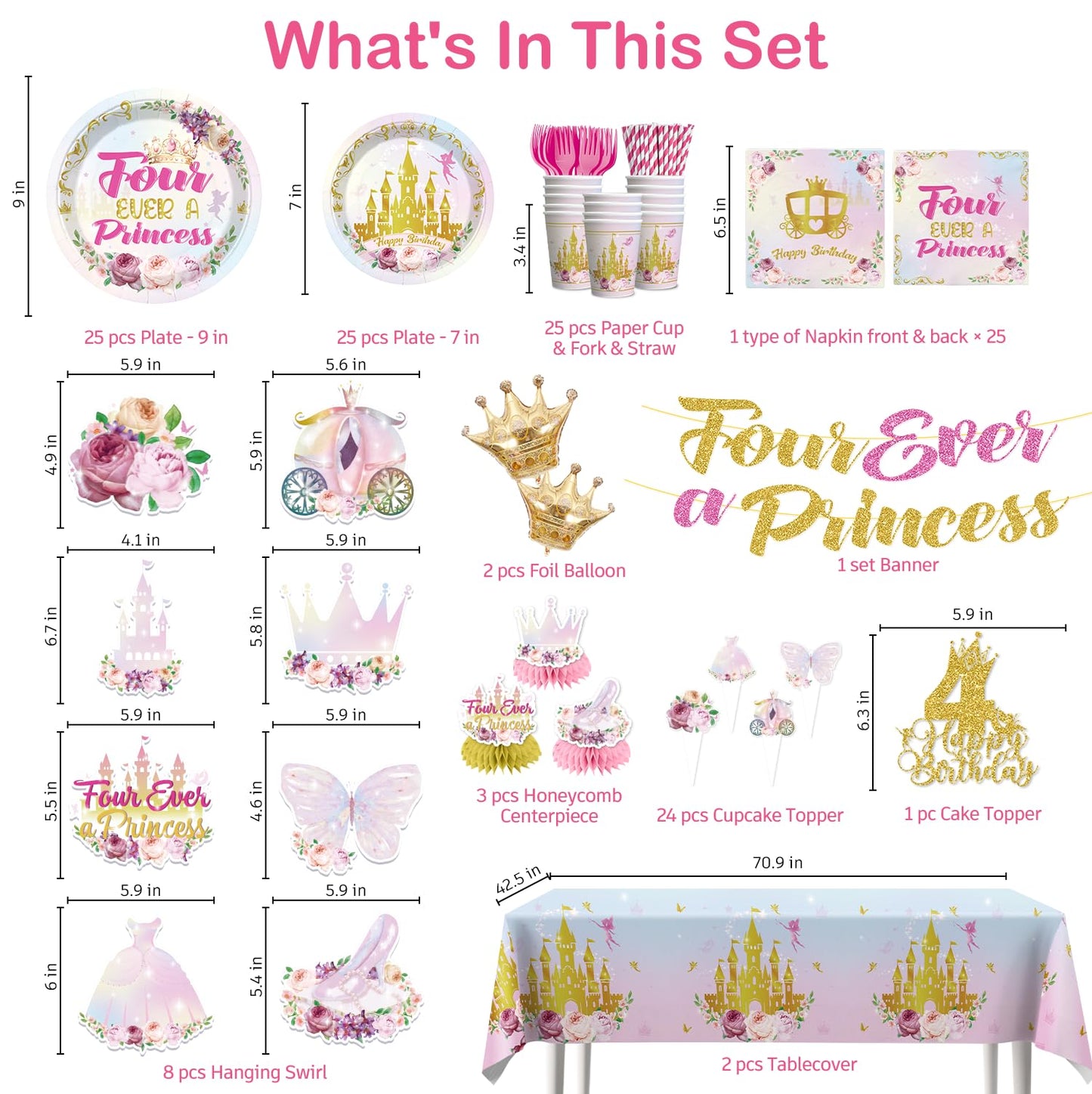 Xynic Four Ever Princess 201Pcs Birthday Tableware Set — Serves 25 for 4th Birthday