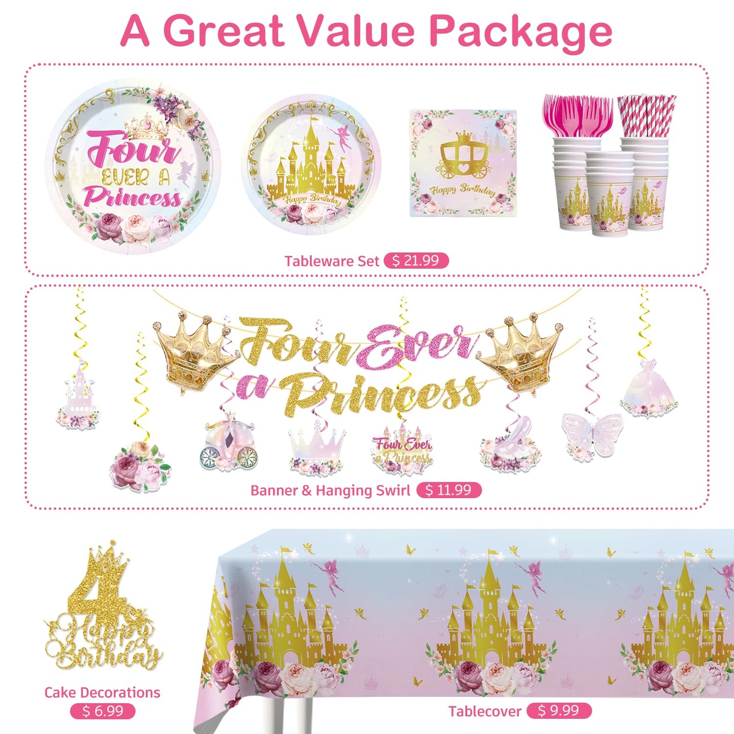 Xynic Four Ever Princess 201Pcs Birthday Tableware Set — Serves 25 for 4th Birthday
