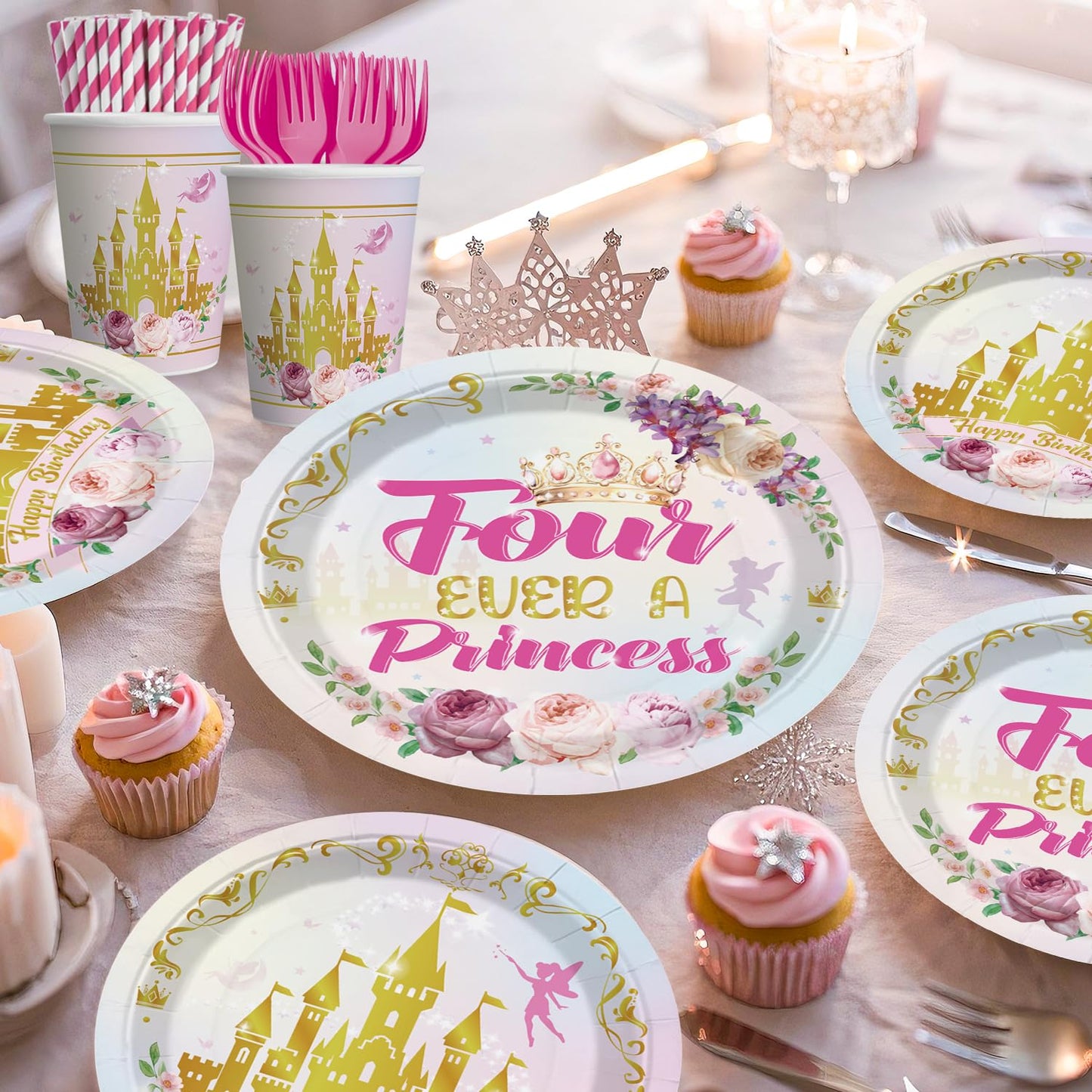 Xynic Four Ever Princess 201Pcs Birthday Tableware Set — Serves 25 for 4th Birthday