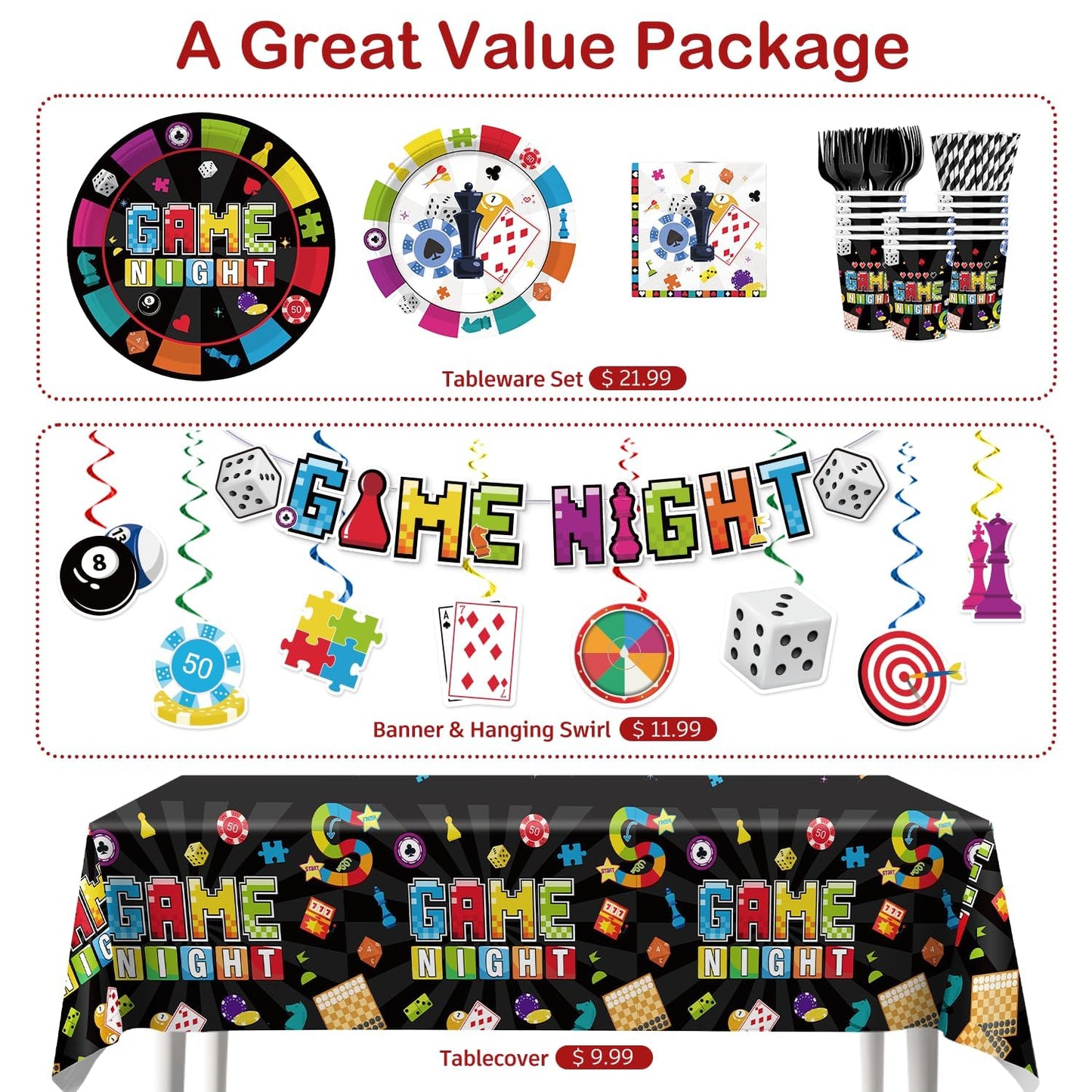 Xynic 205Pcs Game Night Decorations & Disposable Tableware — 25 Serves, Banner, Plates, Cups