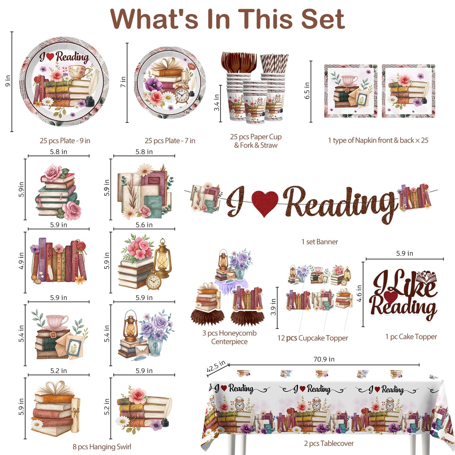 Xynic 177pc Book Themed Party Set – Tableware & Decor for 25 Guests (I Like Reading)