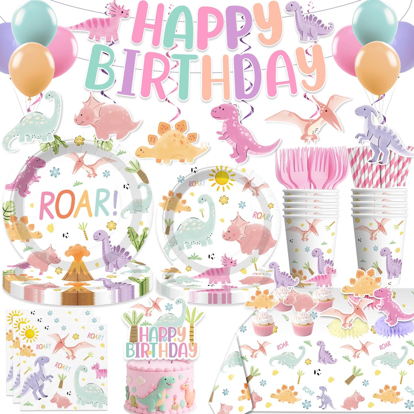 Xynic Pastel Dinosaur Birthday Party Supplies — 201 Pcs Pink Watercolor Girl Dino Theme