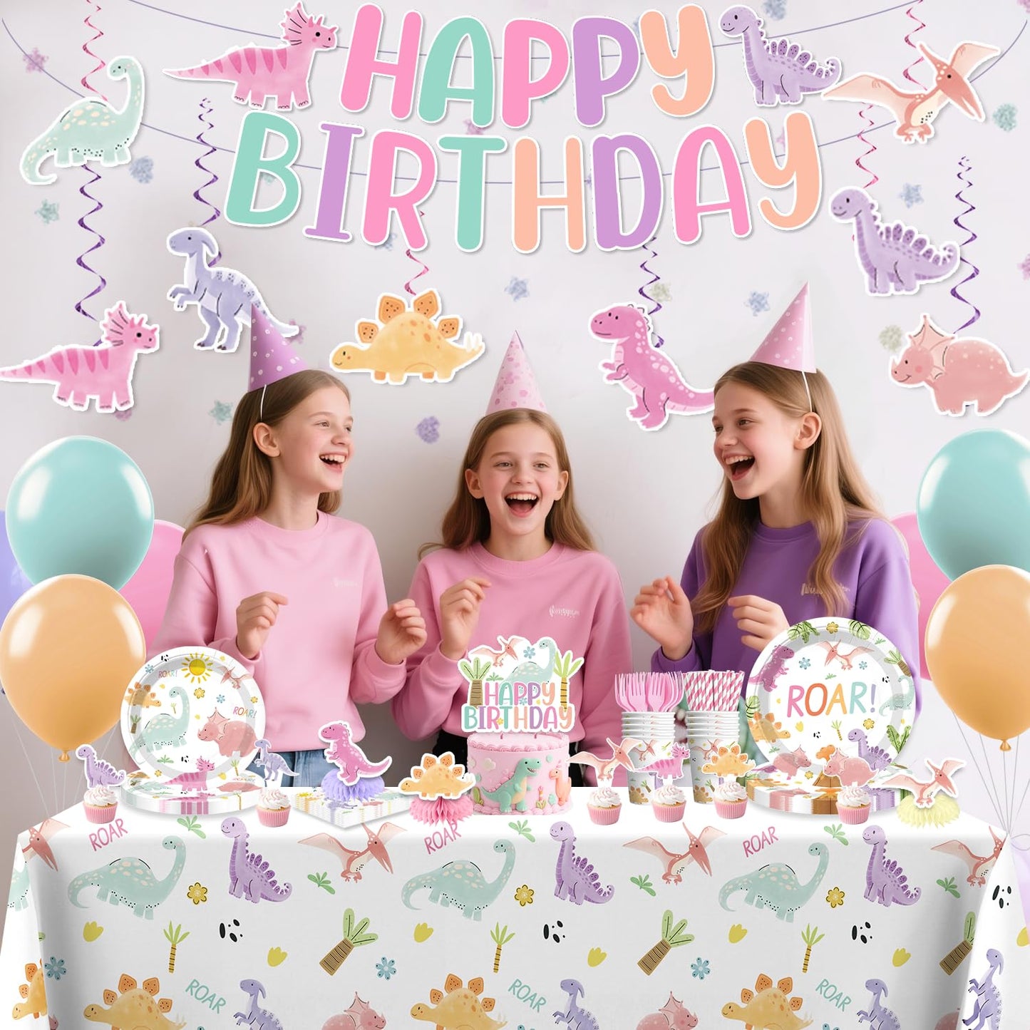 Xynic Pastel Dinosaur Birthday Party Supplies — 201 Pcs Pink Watercolor Girl Dino Theme
