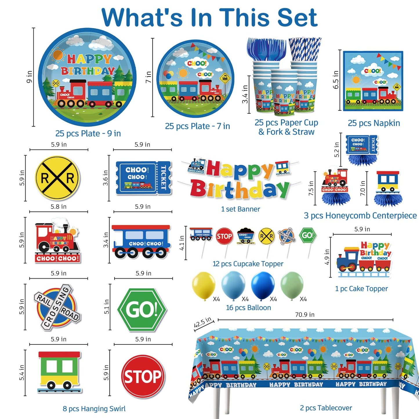 Xynic Train Birthday Decorations – 201 Pcs Complete Train-Themed Party Set
