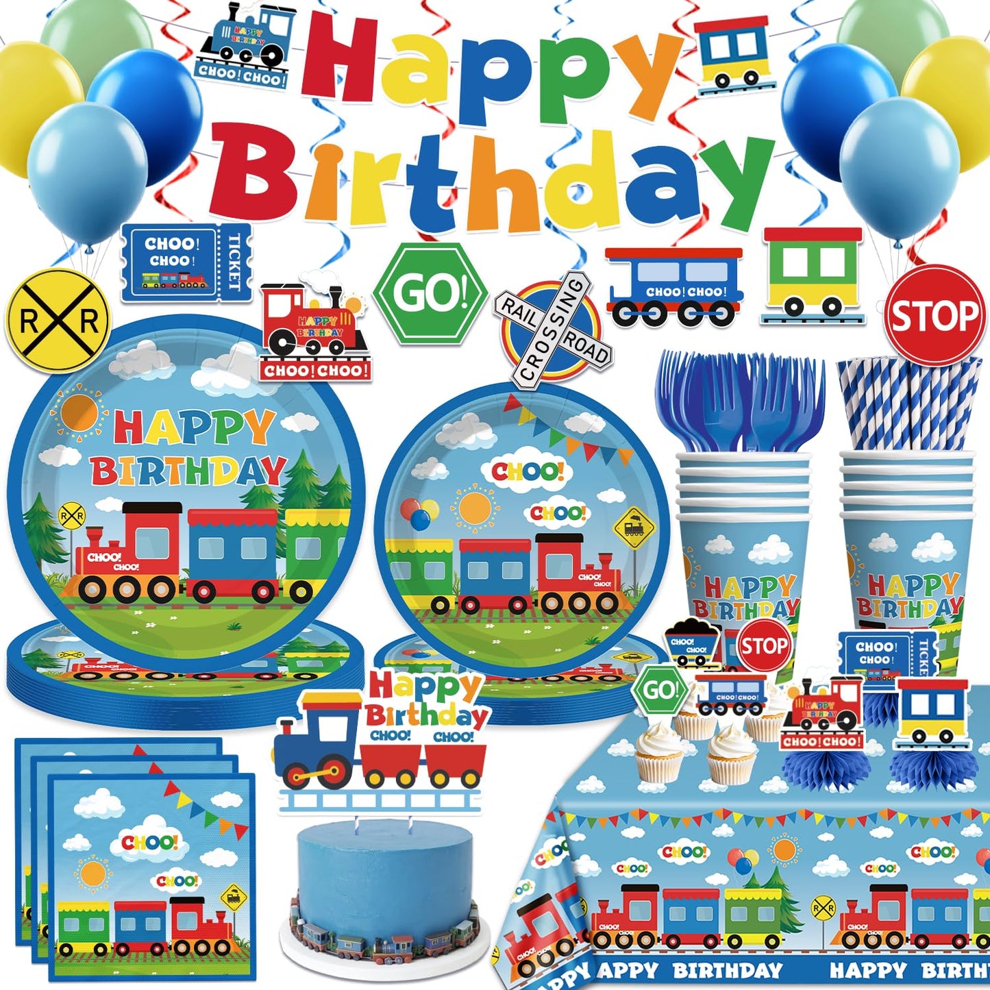 Xynic Train Birthday Decorations – 201 Pcs Complete Train-Themed Party Set