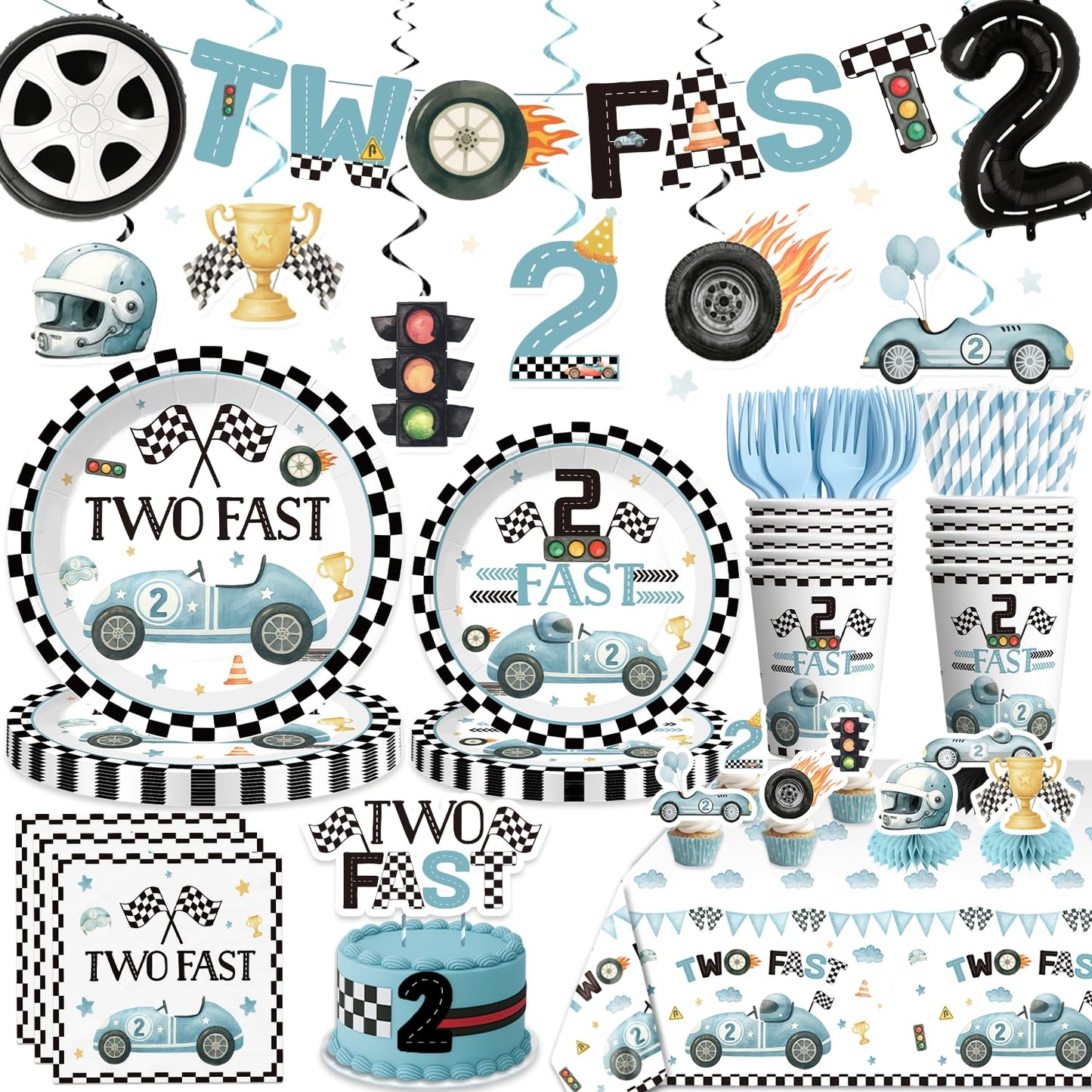 Xynic 187Pcs Two Fast Birthday Decor Set for 25 Guests | Banner, Plates, Tablecloth & Balloons