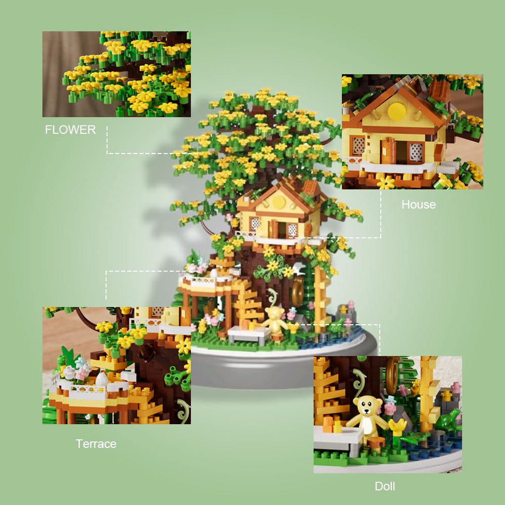 XYUYTOEI Cherry Blossom Bonsai Tree House DIY Kit — 2680 Micro Bricks + LED Lights