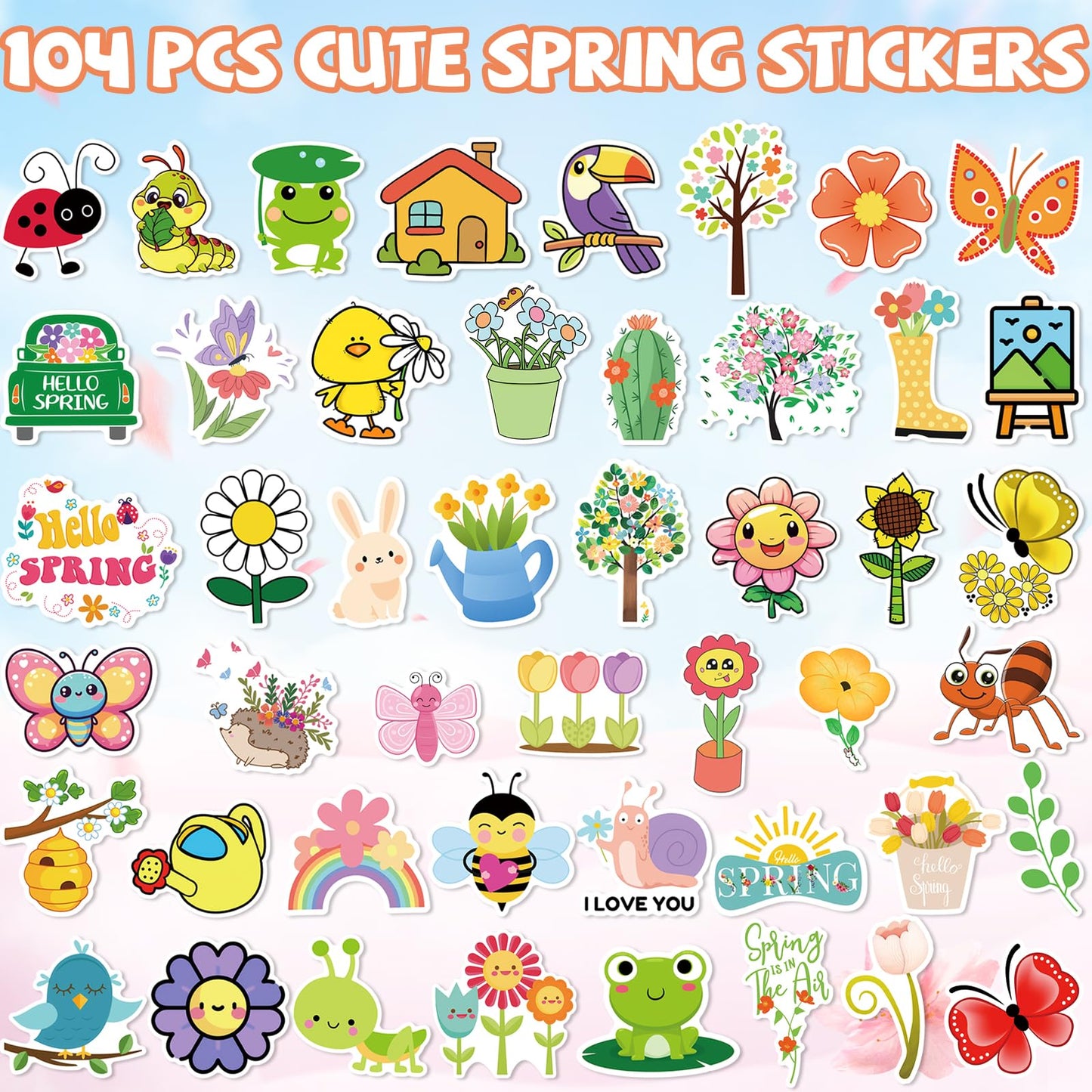 XZENTIRA 104 PCS Spring Vinyl Stickers – Water Bottle & Craft Decor Set