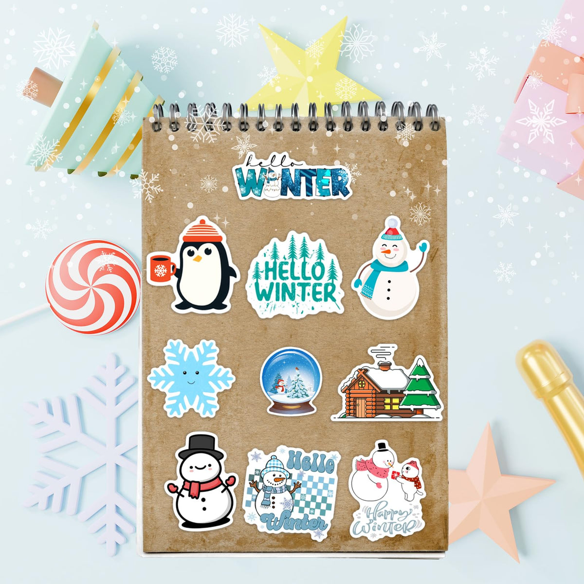 XZENTIRA 103 PCS Winter Stickers for Kids – Waterproof Snowman, Penguin & Snowflake Vinyl Decals