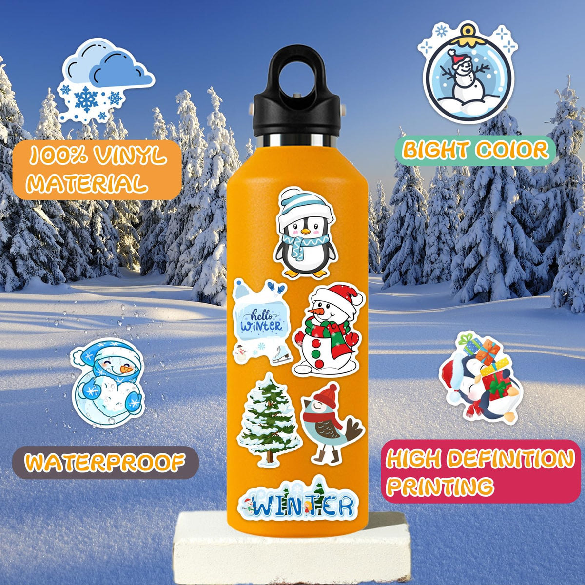 XZENTIRA 103 PCS Winter Stickers for Kids – Waterproof Snowman, Penguin & Snowflake Vinyl Decals