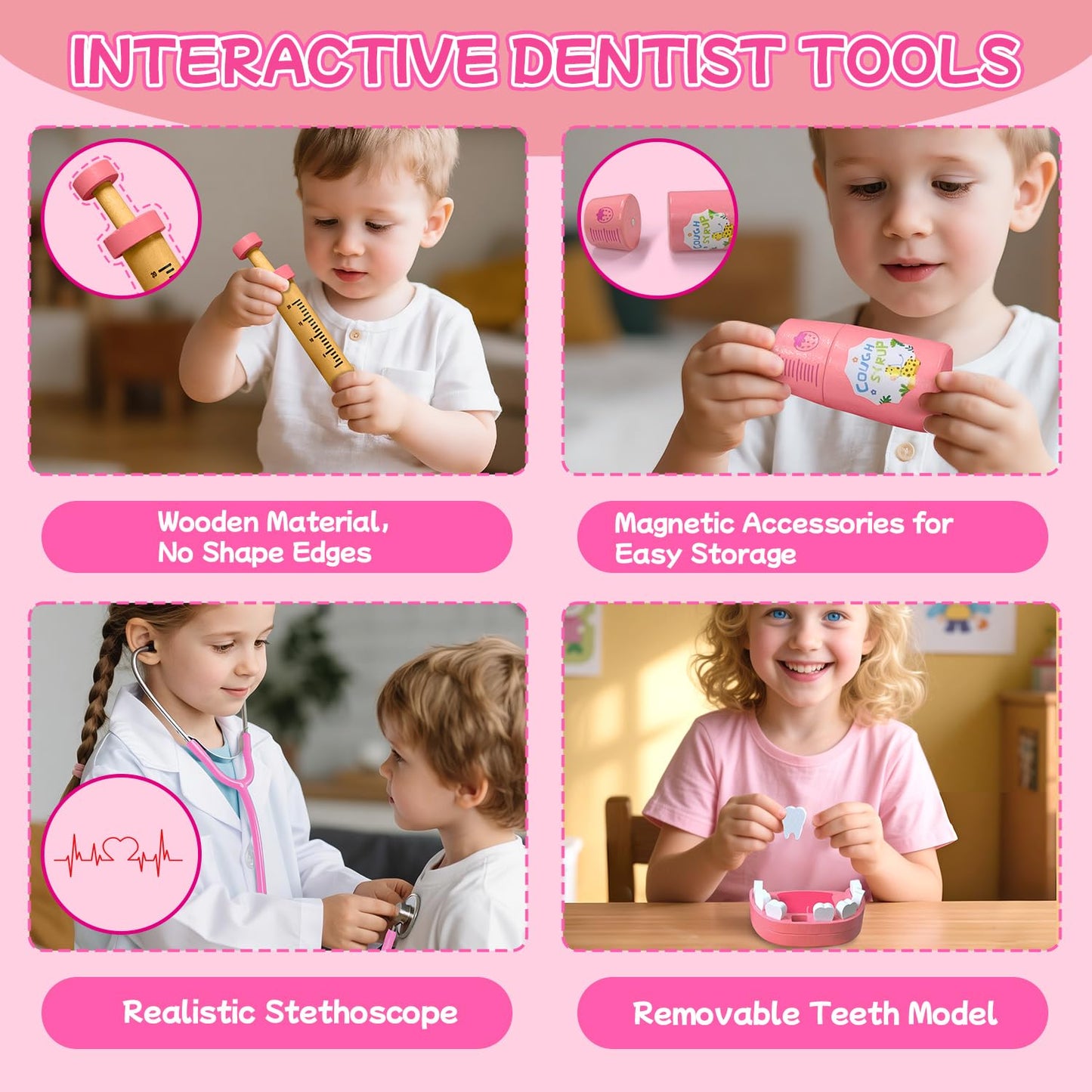 XZZO Doctor Kit for Kids – Wooden Dentist Play Set with Stethoscope & Accessories | Safe Pretend Play 3+