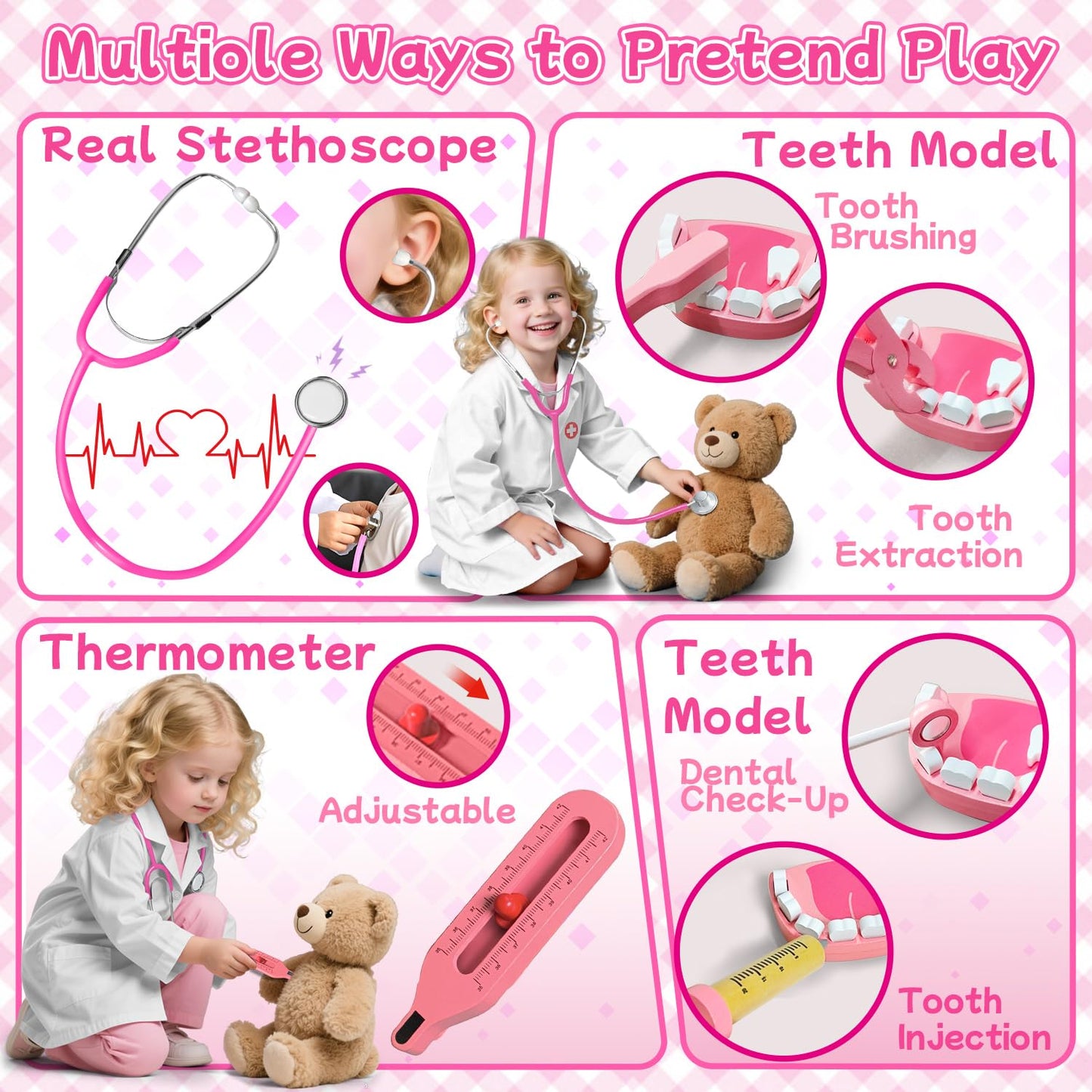 XZZO Doctor Kit for Kids – Wooden Dentist Play Set with Stethoscope & Accessories | Safe Pretend Play 3+