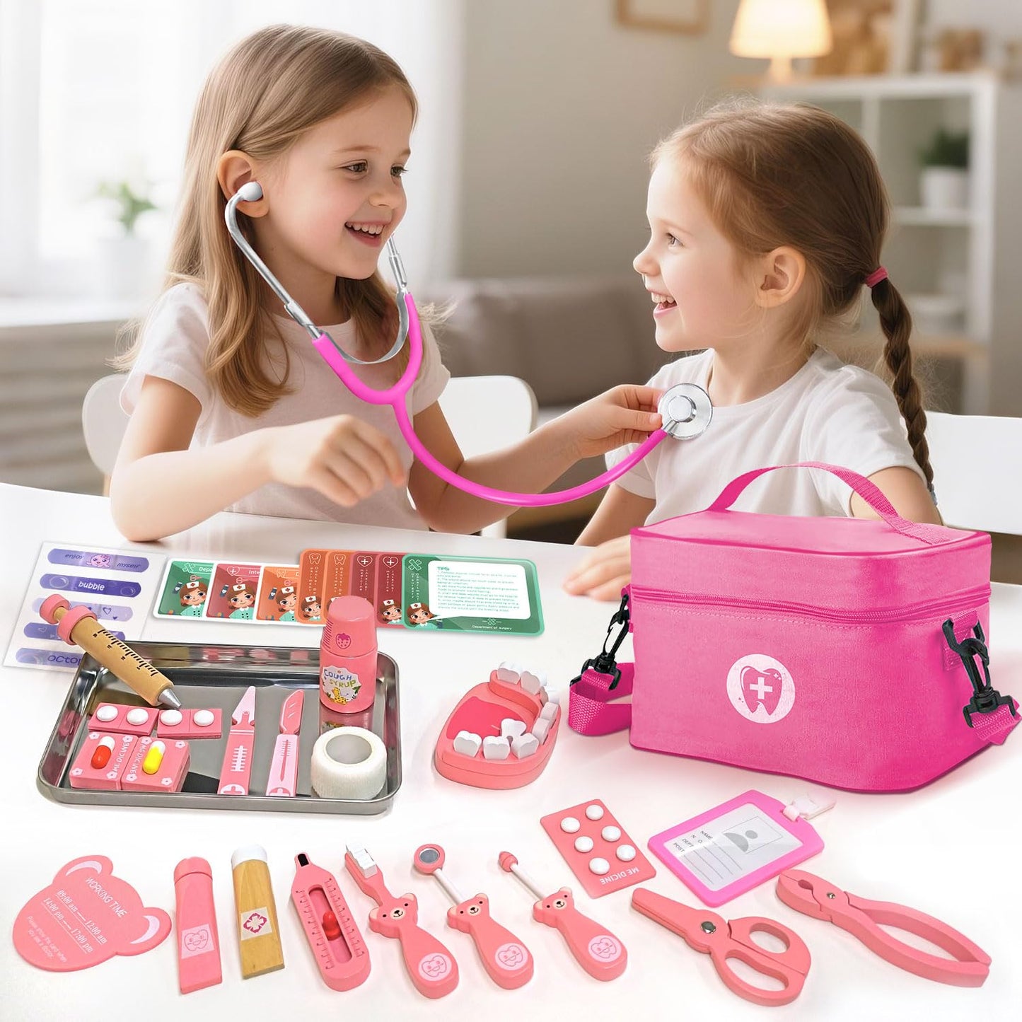 XZZO Doctor Kit for Kids – Wooden Dentist Play Set with Stethoscope & Accessories | Safe Pretend Play 3+