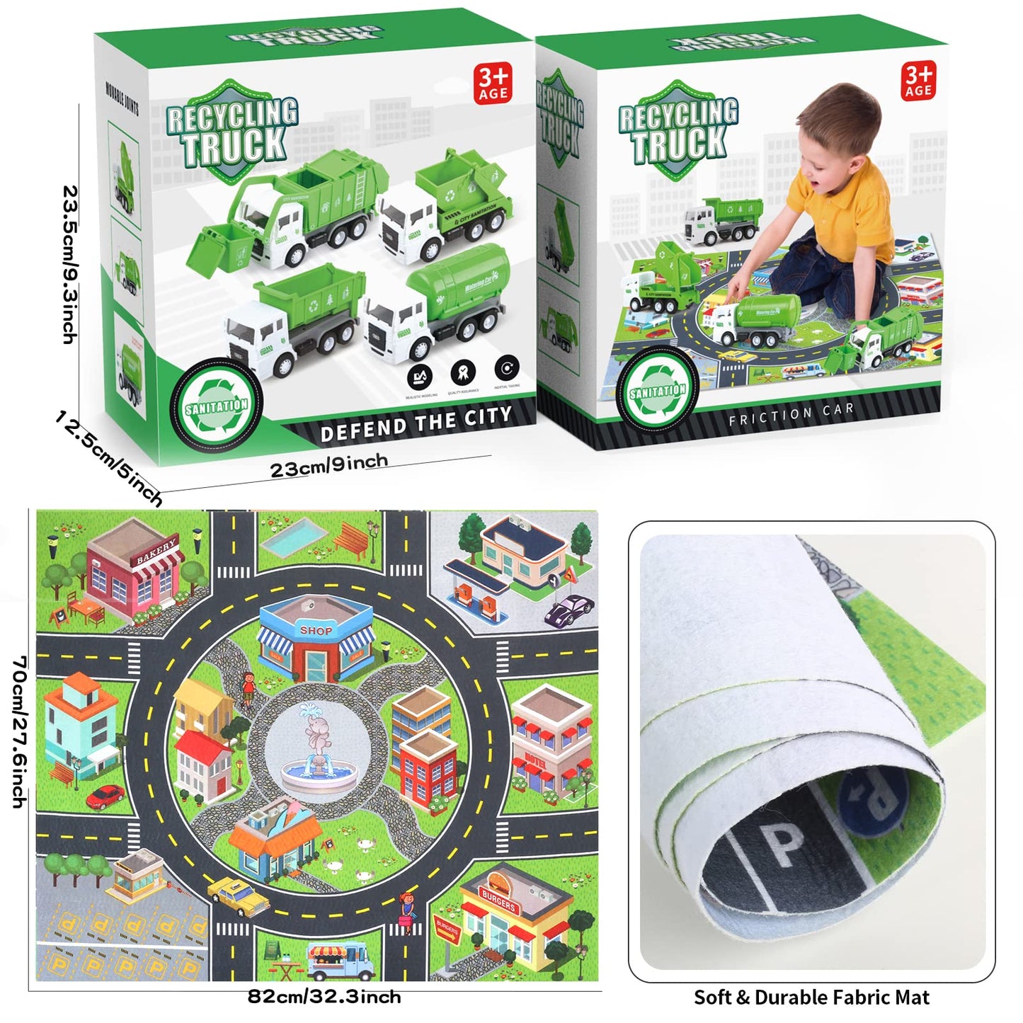 Y.L. DOYMX Toy Garbage Truck Set with Play Mat – 4 Vehicles, 108 Cards, 8 Signs, 4 Bins (Ages 3+)