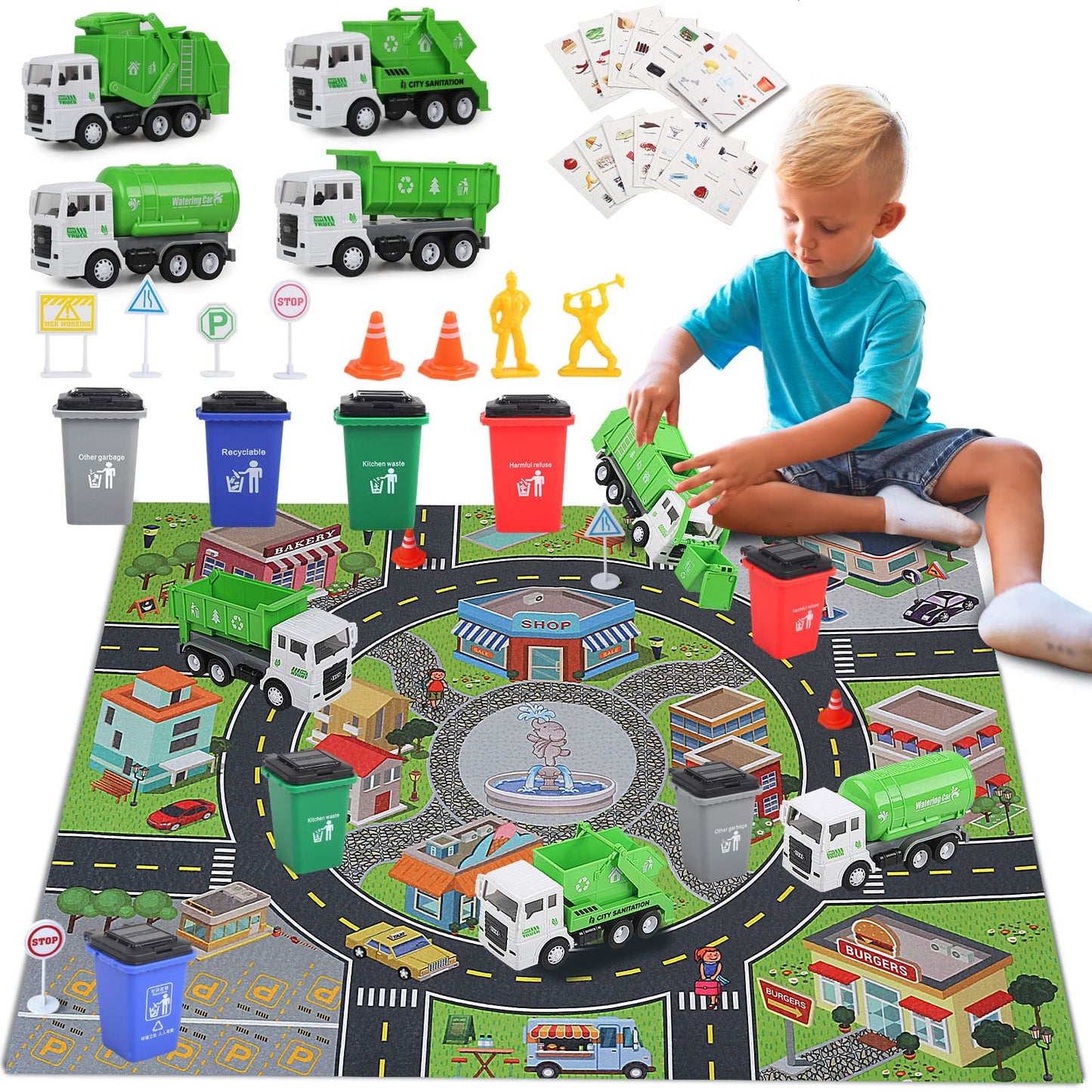 Y.L. DOYMX Toy Garbage Truck Set with Play Mat – 4 Vehicles, 108 Cards, 8 Signs, 4 Bins (Ages 3+)