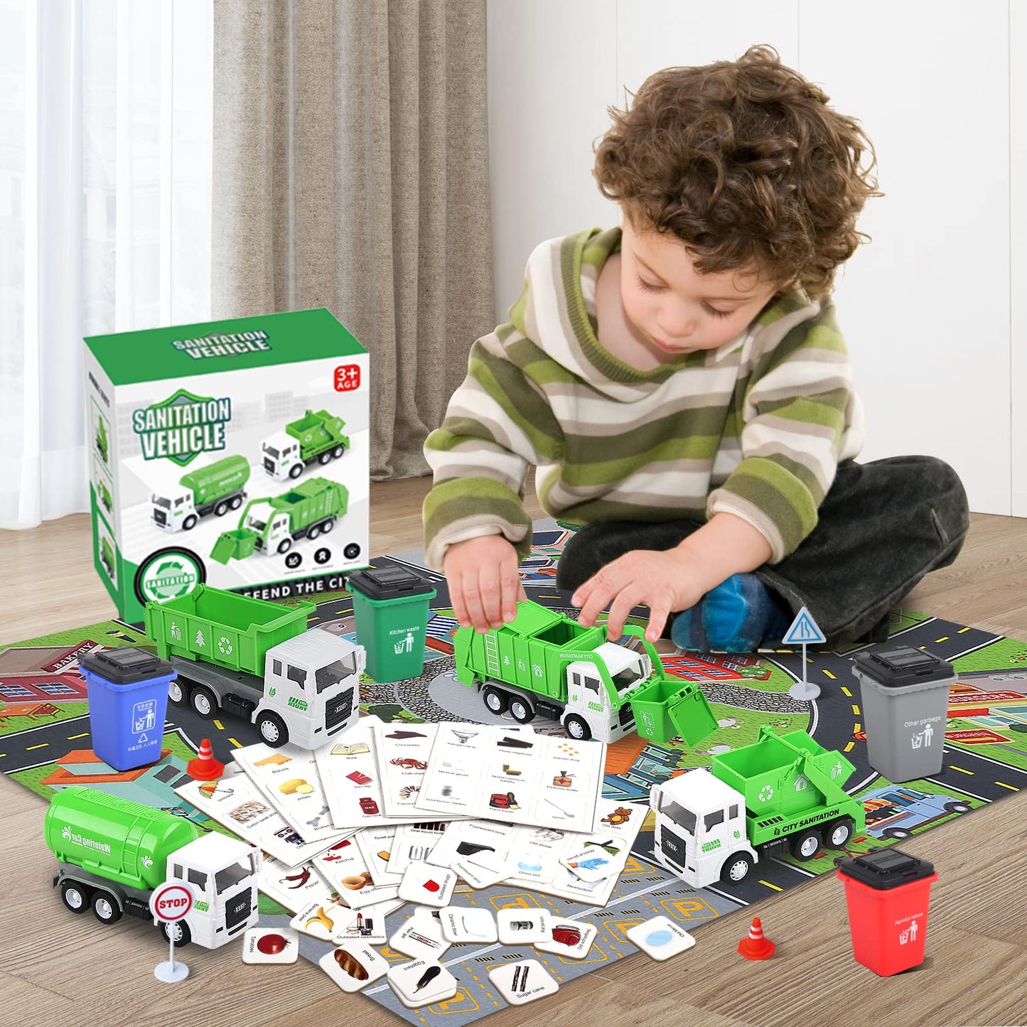 Y.L. DOYMX Toy Garbage Truck Set with Play Mat – 4 Vehicles, 108 Cards, 8 Signs, 4 Bins (Ages 3+)