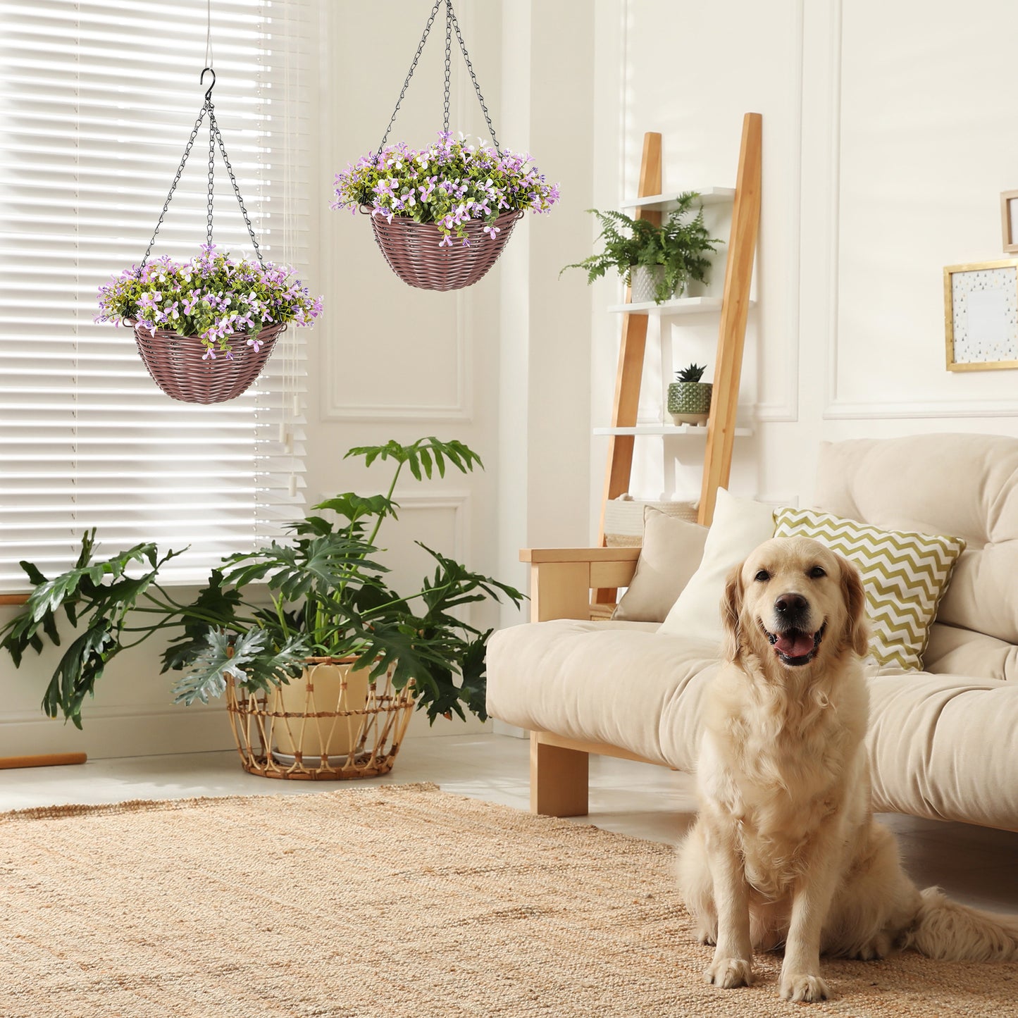 HOMCOM Artificial Flowers in Basket Set of 2 with 75 Leaves and 15 Flowers