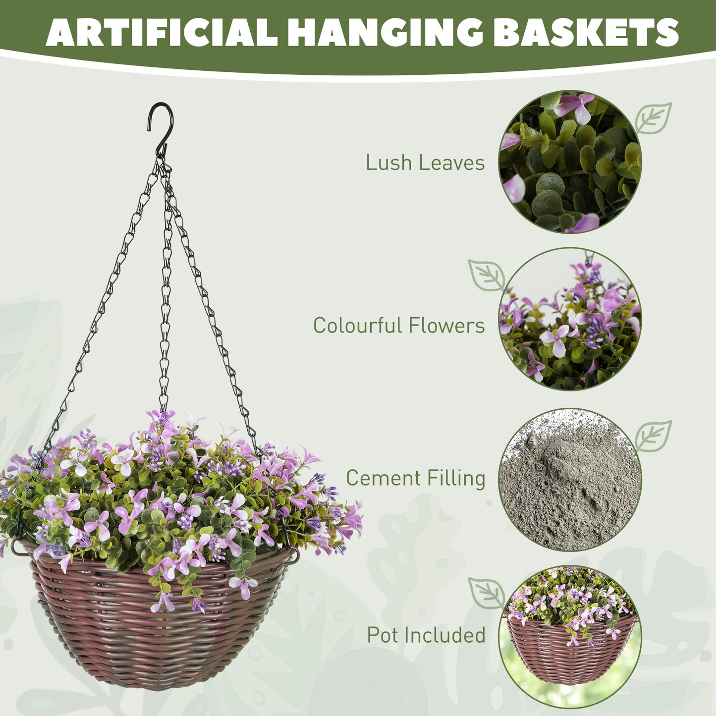 HOMCOM Artificial Flowers in Basket Set of 2 with 75 Leaves and 15 Flowers