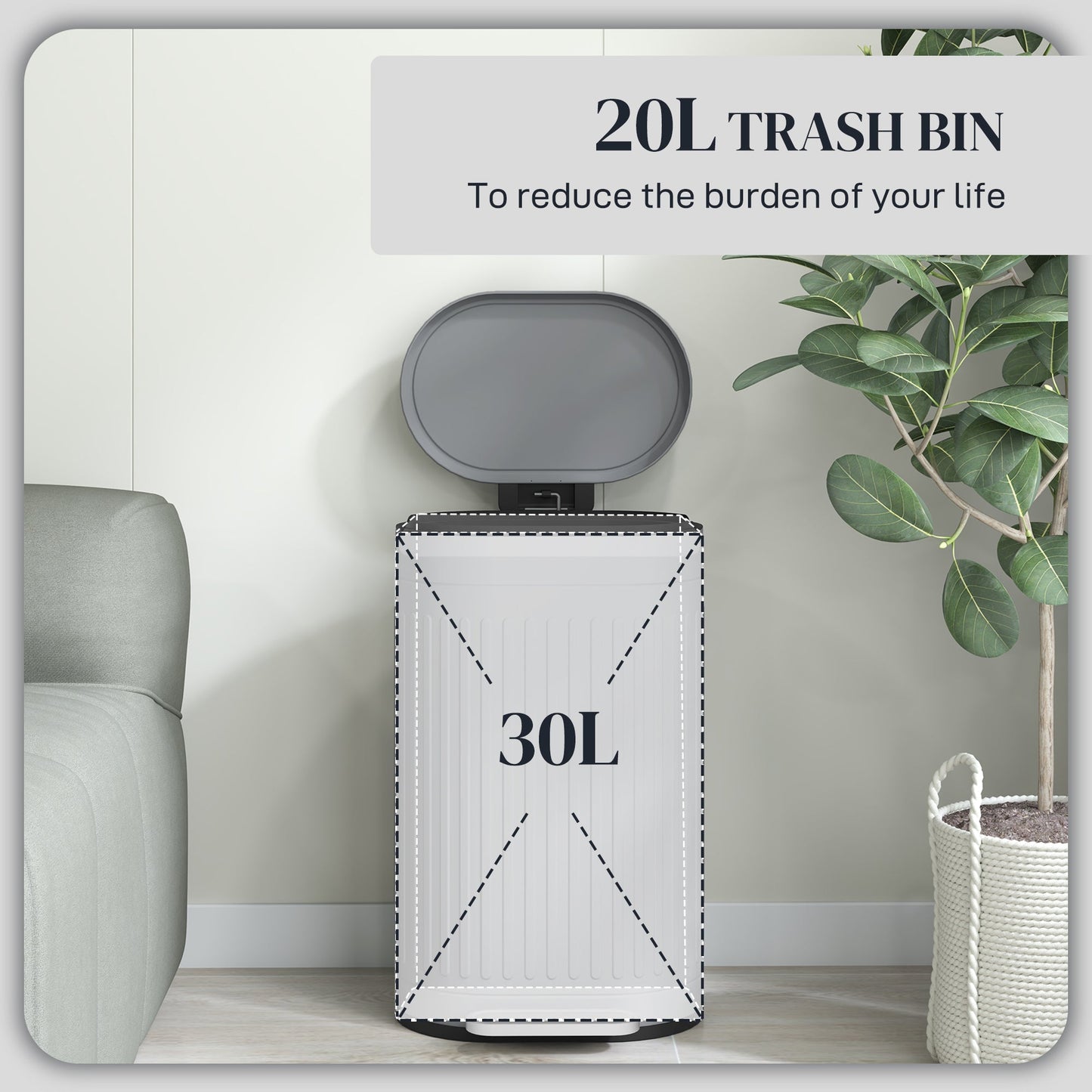HOMCOM 20L Pedal Bin, Metal Kitchen Bin with Soft-close Lid