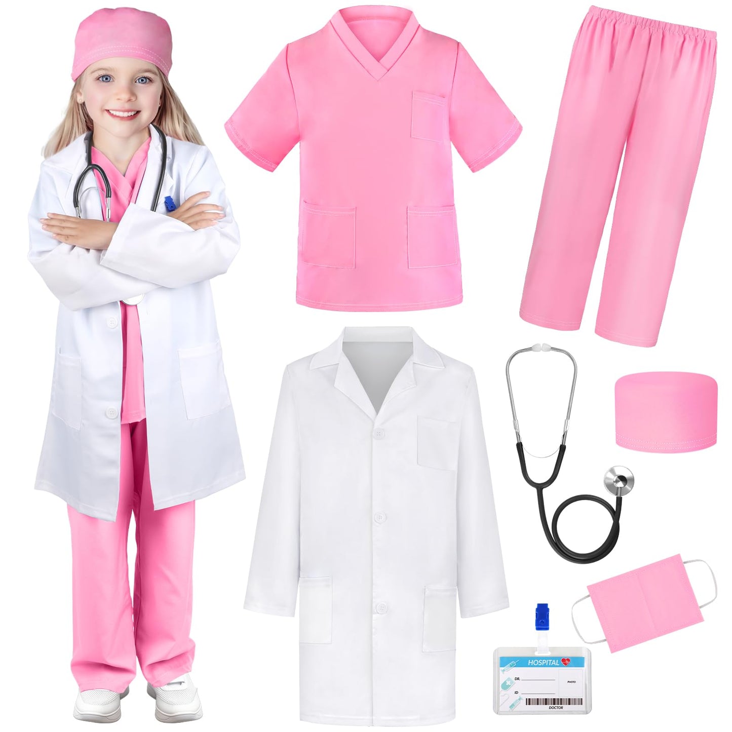 YADIYA Kids Doctor Costume Set with Real Stethoscope – Scrubs, Lab Coat & Mask (Ages 3-12)