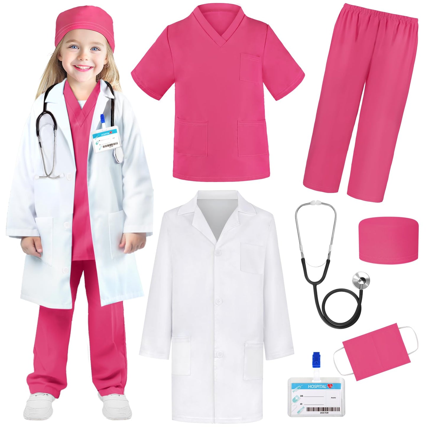 YADIYA Doctor Costume for Kids – Scrubs, Real Stethoscope & Lab Coat (Ages 3-12)