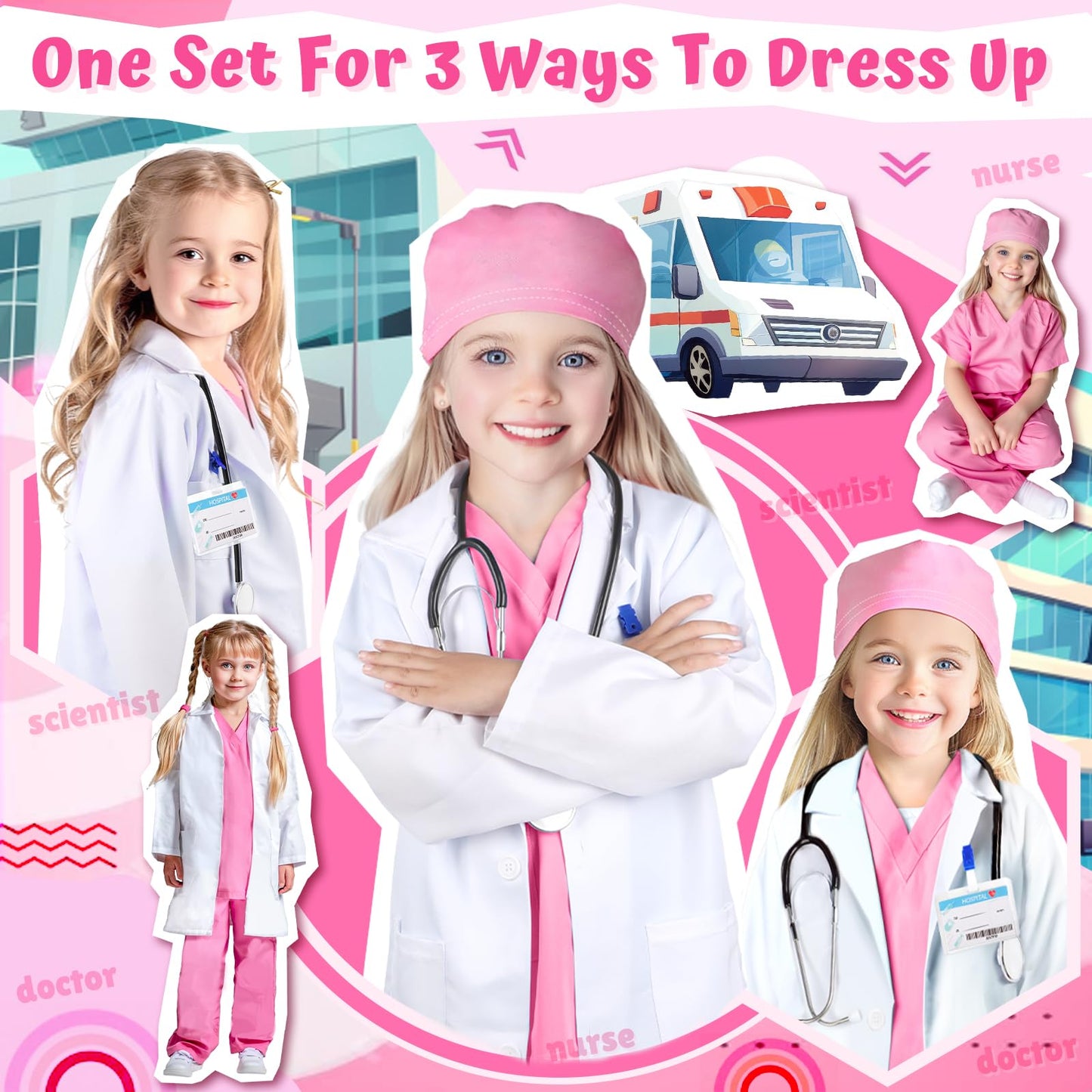 YADIYA Kids Doctor Costume Set with Real Stethoscope – Scrubs, Lab Coat & Mask (Ages 3-12)
