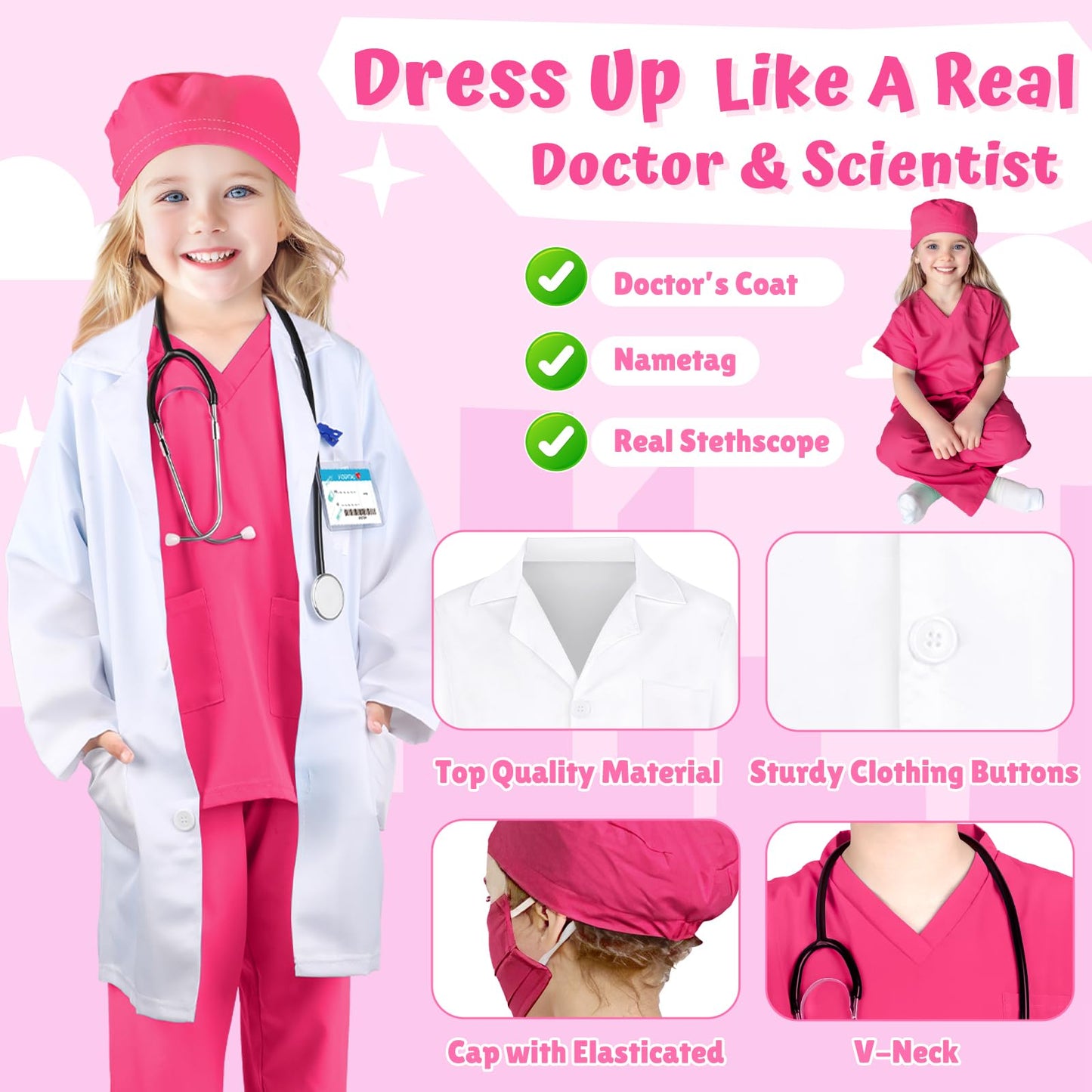 YADIYA Doctor Costume for Kids – Scrubs, Real Stethoscope & Lab Coat (Ages 3-12)