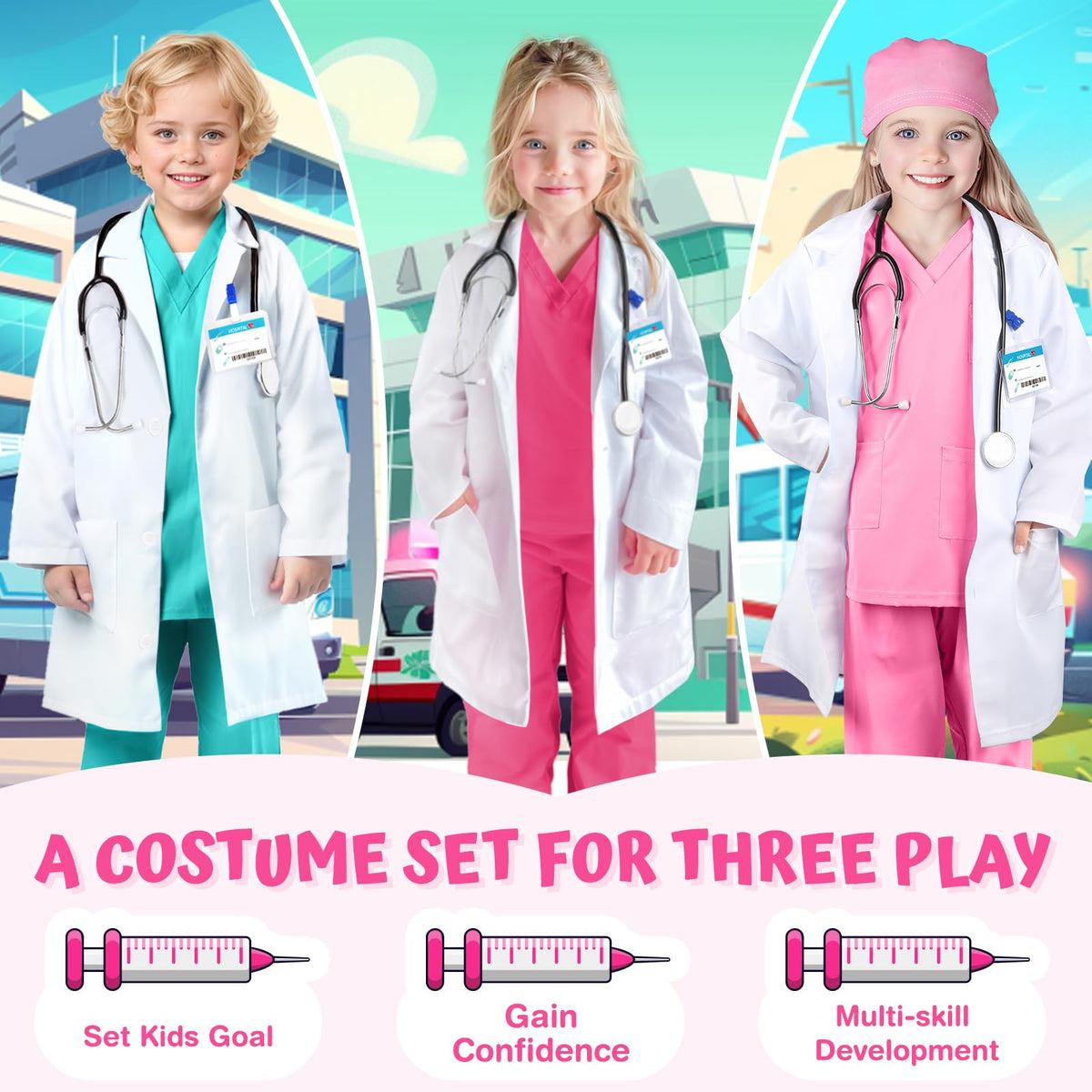 YADIYA Doctor Costume for Kids – Scrubs, Real Stethoscope & Lab Coat (Ages 3-12)