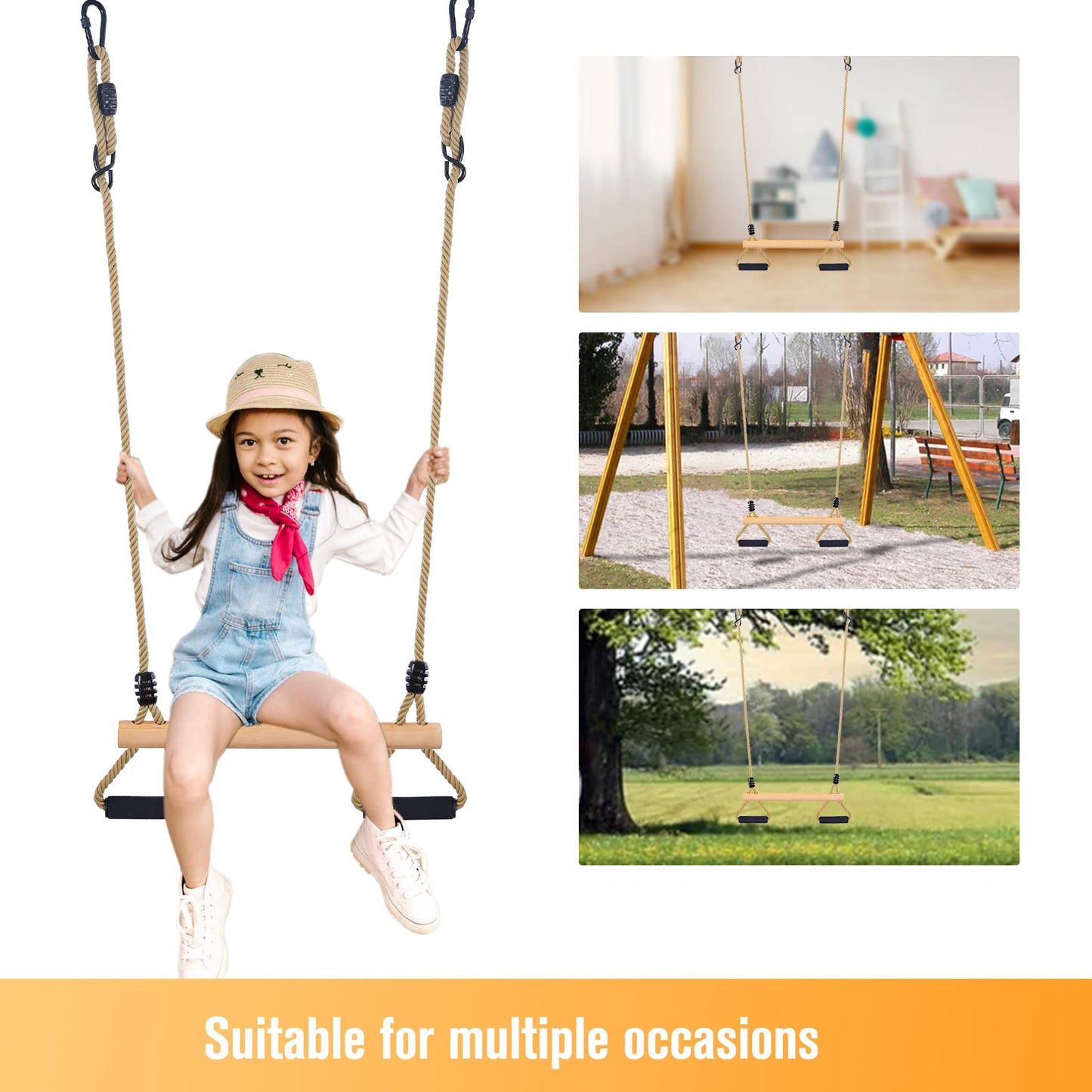 YAERSI Wooden Trapeze Swing Bar with Gym Rings – Indoor & Outdoor Play