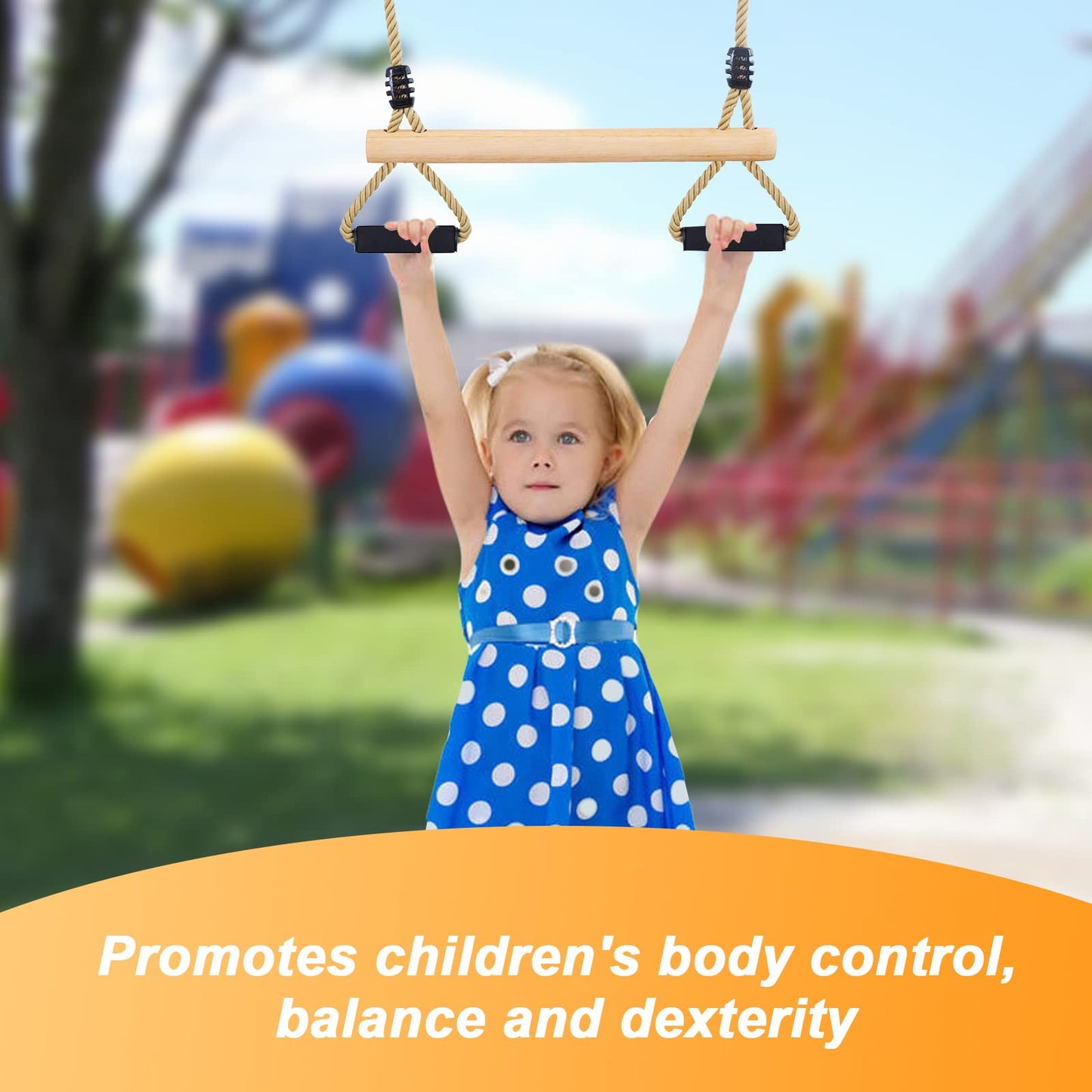 YAERSI Wooden Trapeze Swing Bar with Gym Rings – Indoor & Outdoor Play